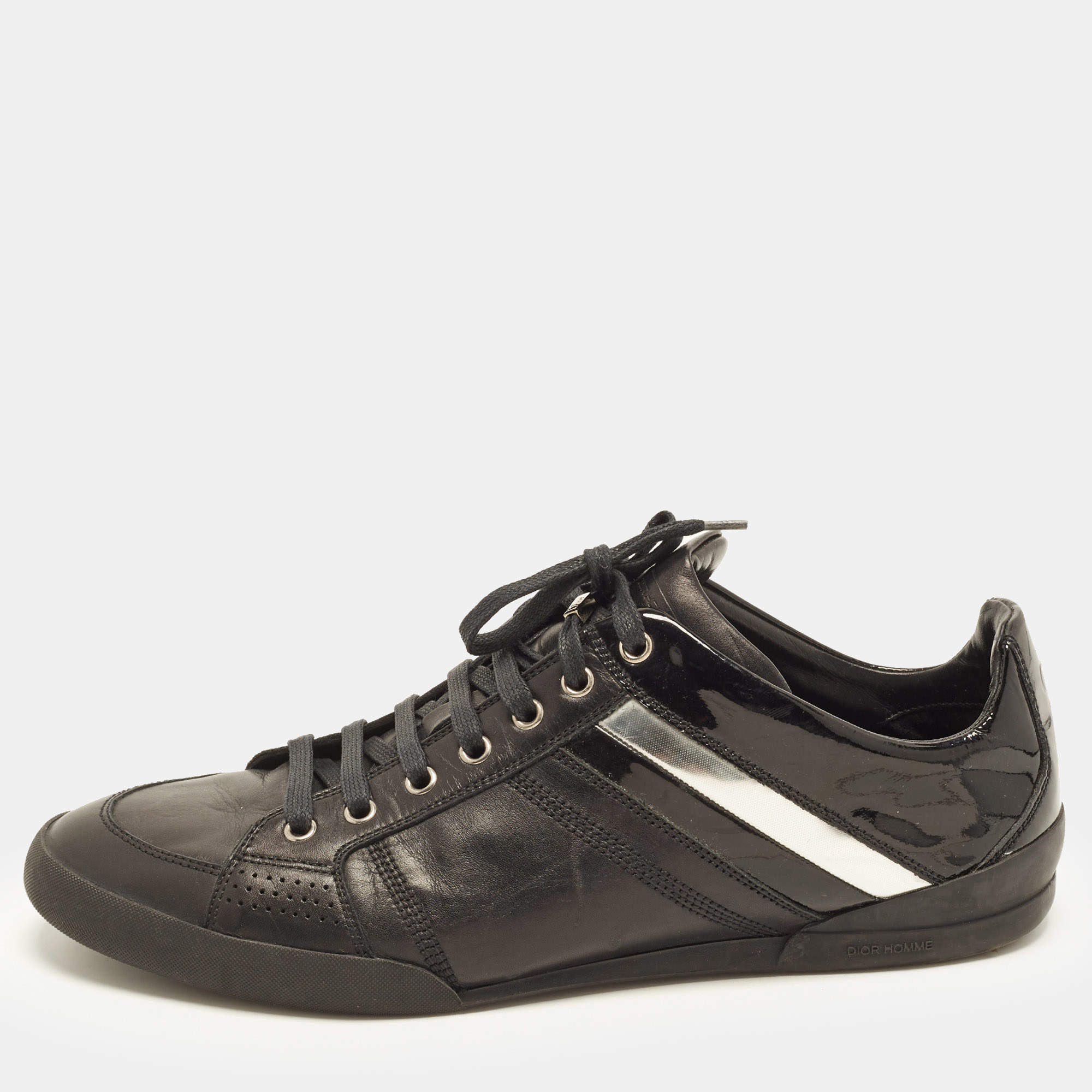 Pre Owned Dior Size 44.5 Black Leather and Patent Leather Lace Up Sneakers