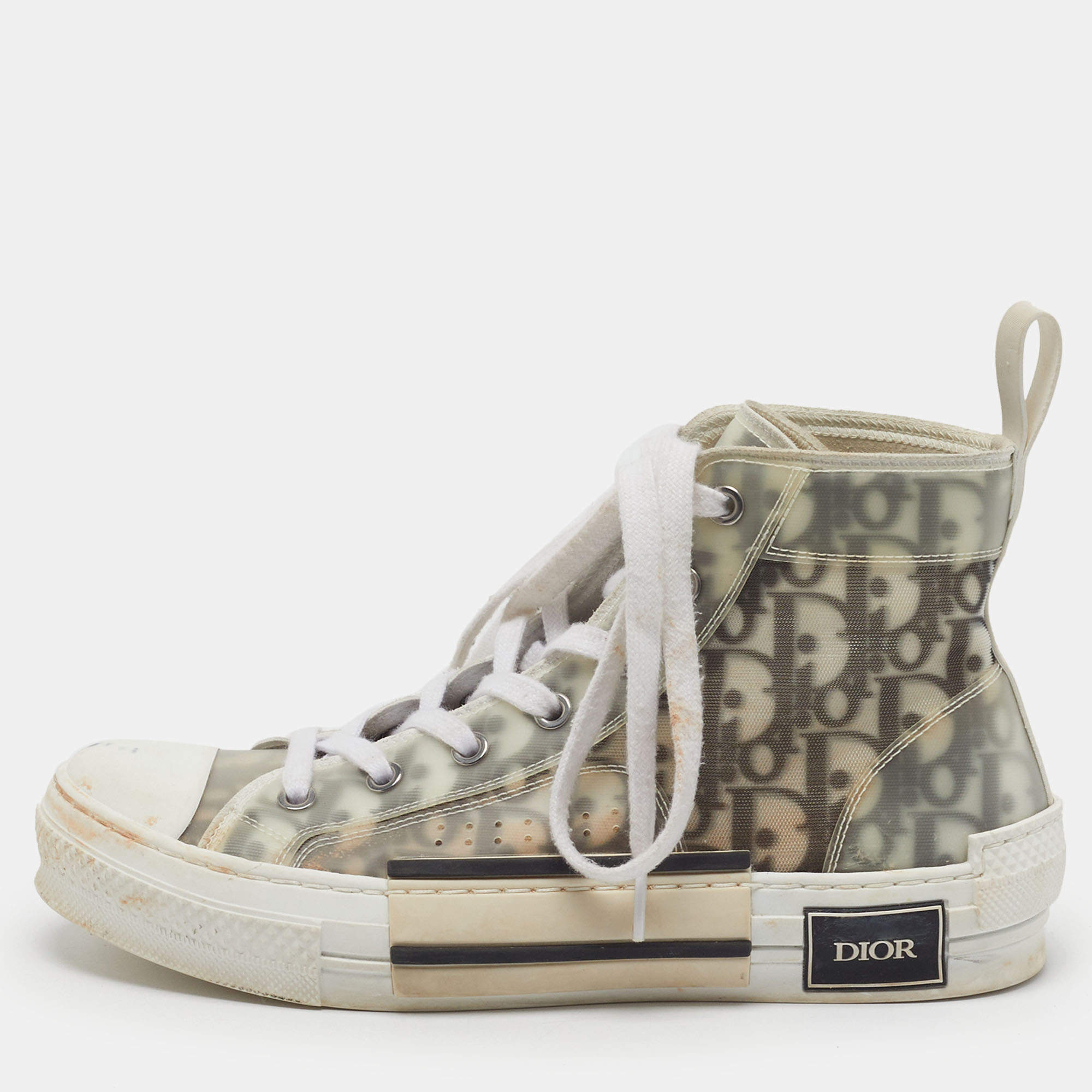 Pre Owned Dior B23 Size 38.5 White/Black Oblique Mesh and PVC High Top Sneakers