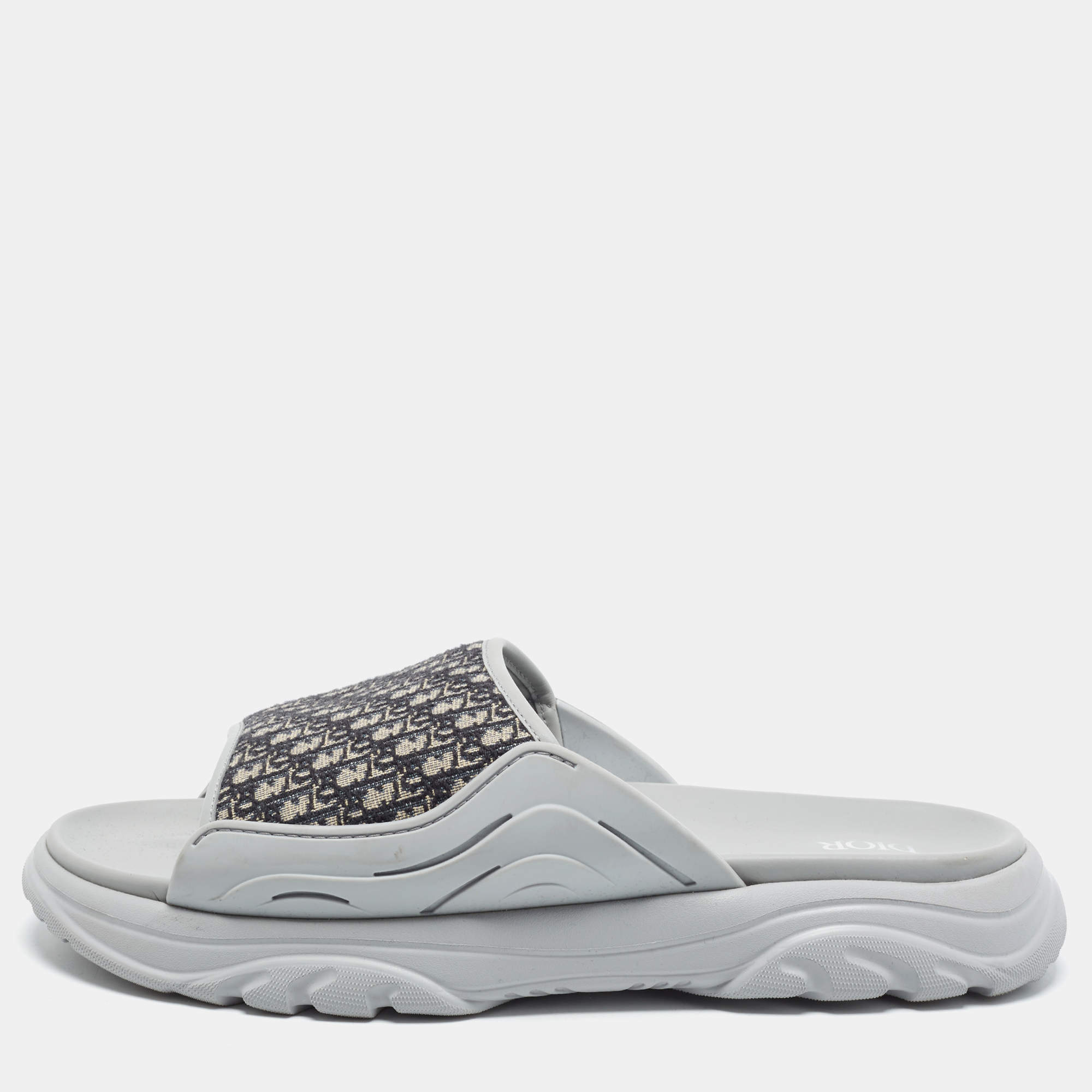 Pre Owned Dior H-Town Size 43 Beige/Grey Oblique Canvas and Rubber Slide Sandals