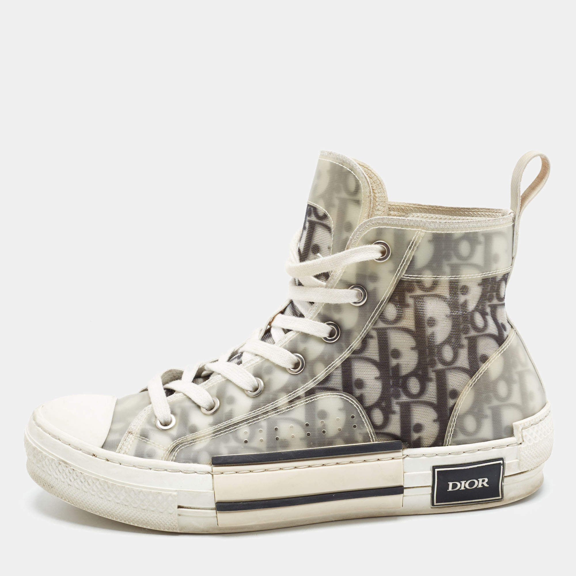 Pre Owned Dior B23 Size 38.5 White/Black Oblique Mesh and PVC High Top Sneakers