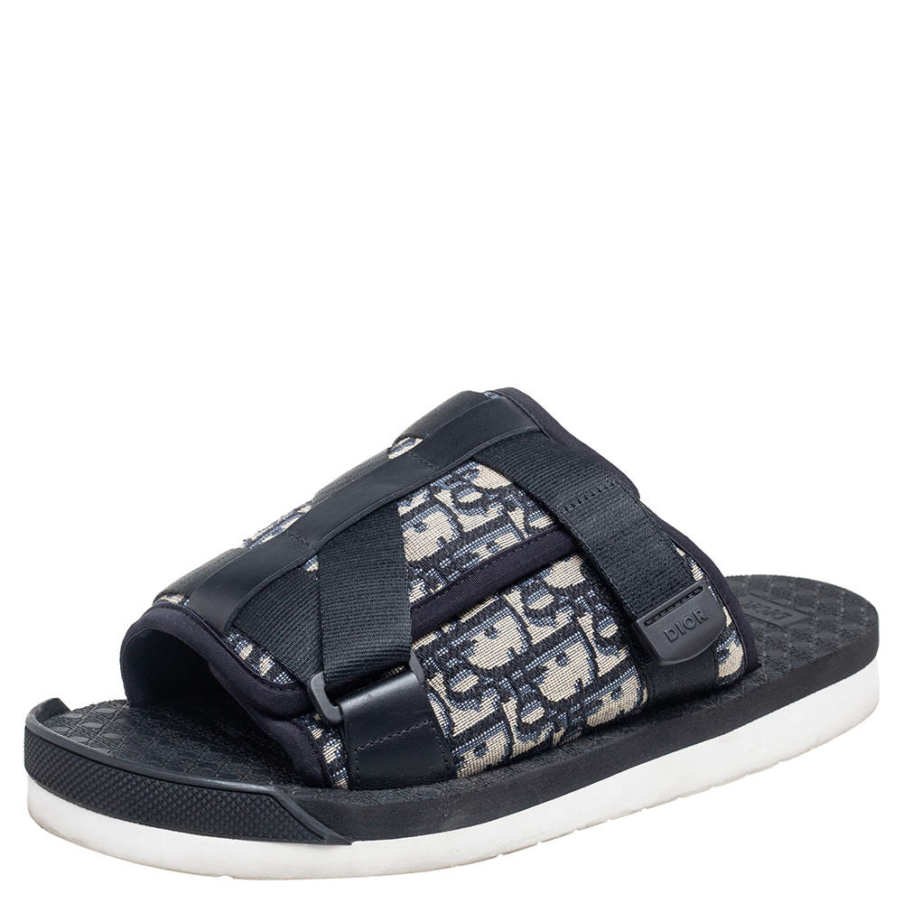Dior Navy Blue Oblique Canvas Alpha Slide Flats Size 42