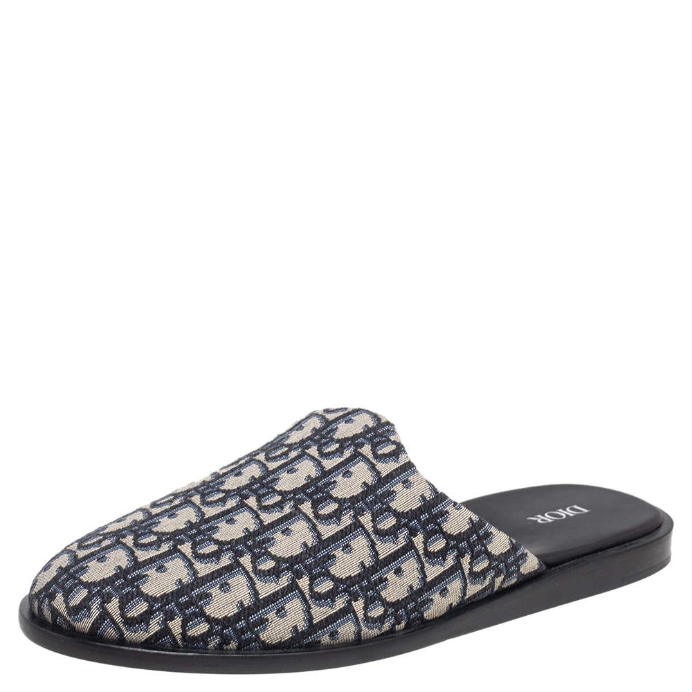 Dior Blue/Beige Oblique Embroidered Canvas Mules Size 42