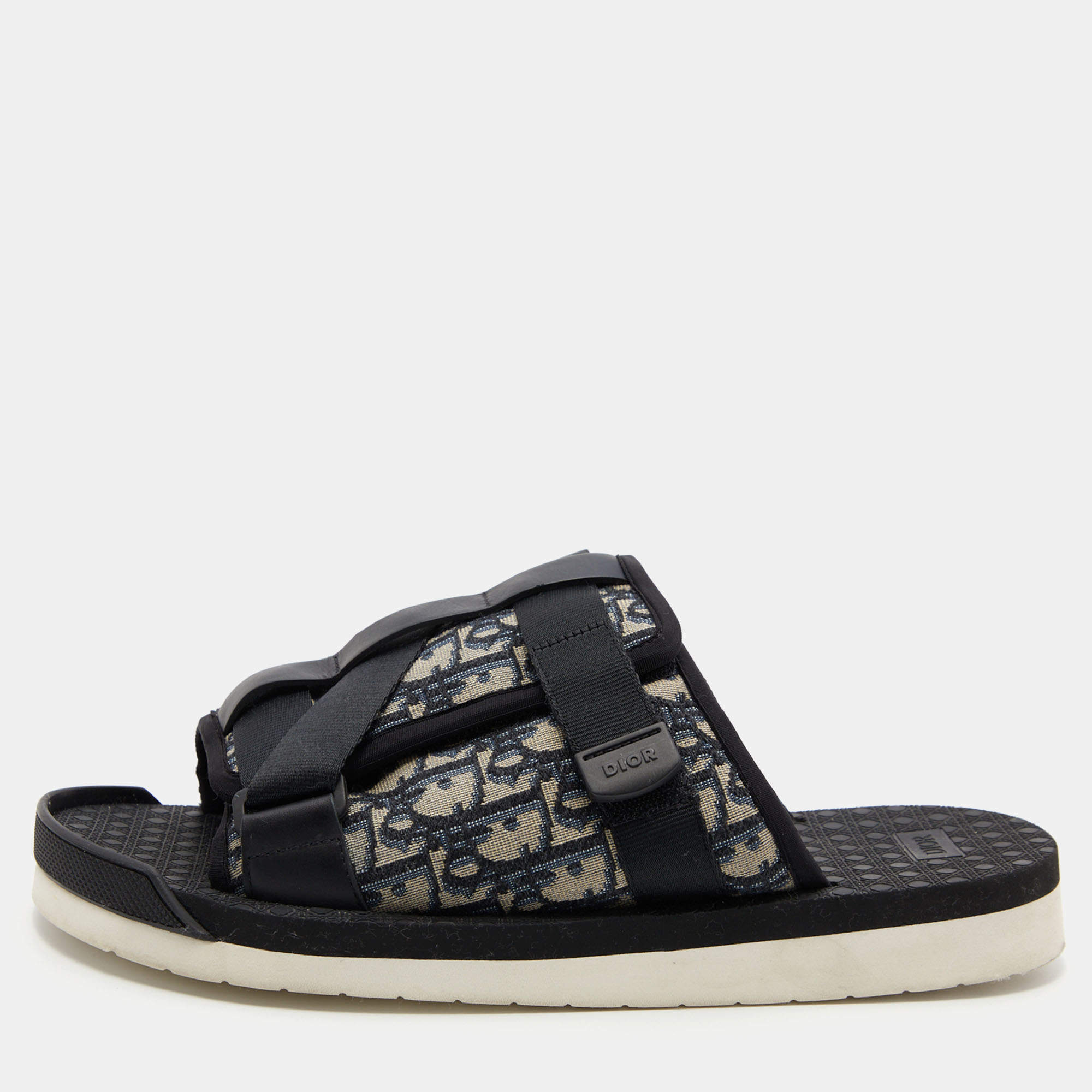 Dior Navy Blue/Black Oblique Canvas Alpha Slide Flats Size 46