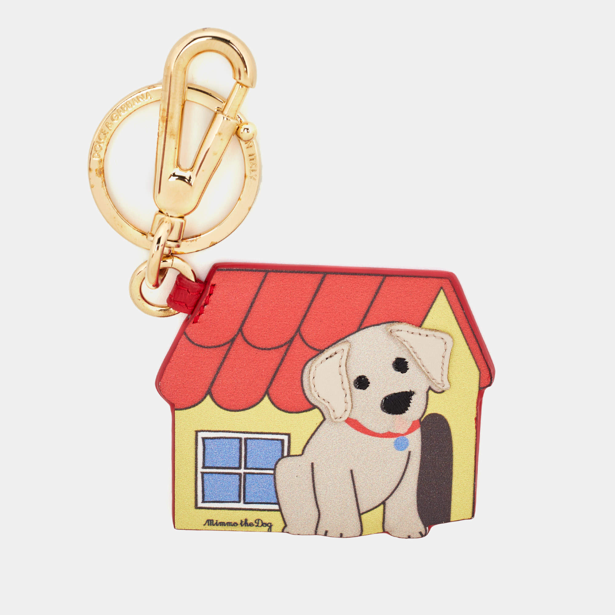 Pre Owned Dolce & Gabbana Mimmo the Dog Motif Leather Gold Tone Key Chain / Key Ring 