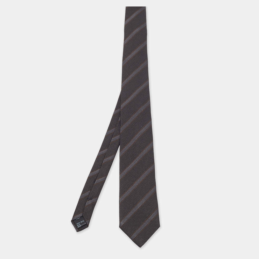 Pre Owned Dolce & Gabbana Black Diagonal Striped Silk Skinny Tie 