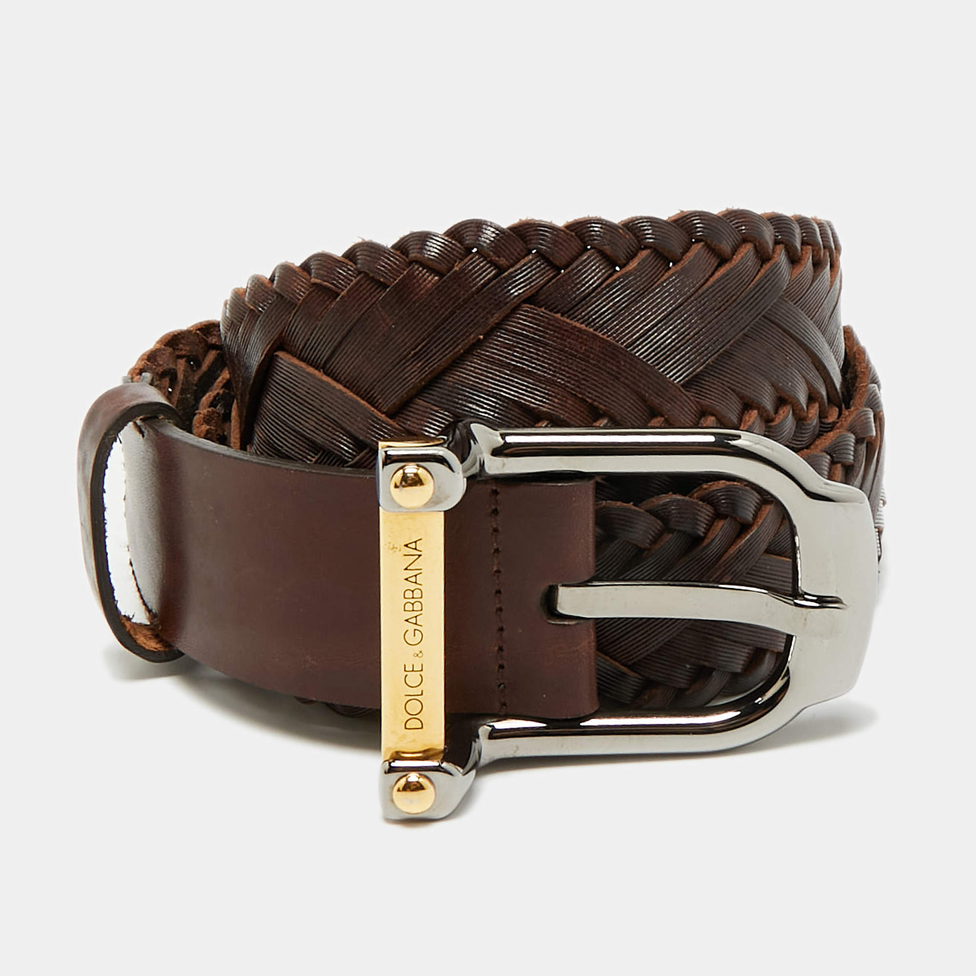 Pre Owned Dolce & Gabbana 100 CM Buckle Belt Brown Woven Leather
