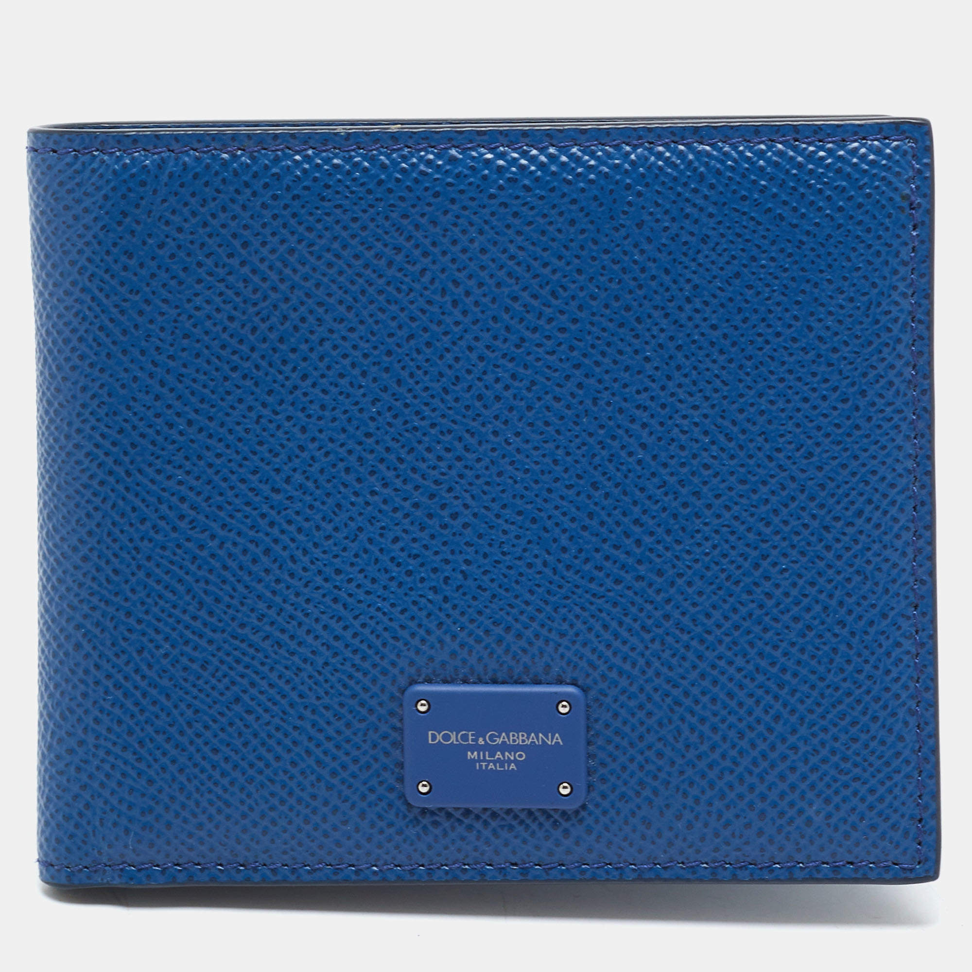 Pre Owned Dolce & Gabbana Logo Plaque Blue Leather Bifold Wallet