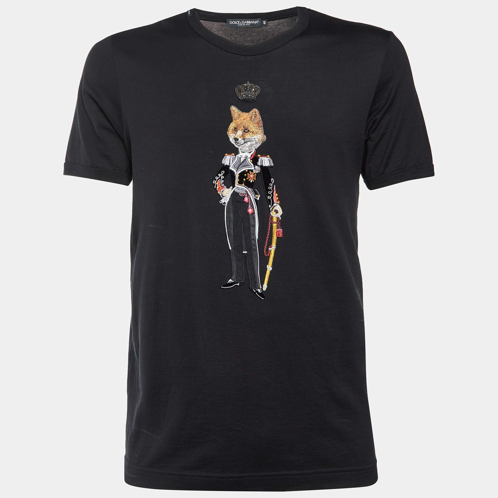 Pre Owned Dolce & Gabbana Black Cotton Royal Fox Appliqued Crew Neck T-Shirt M