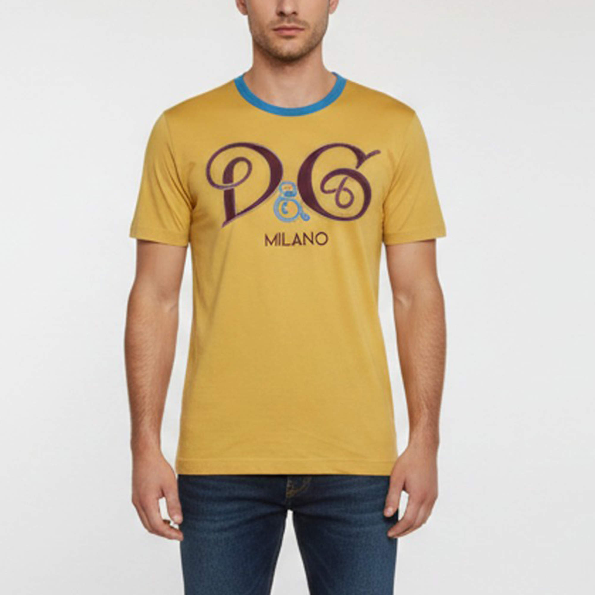 Pre Owned Dolce & Gabbana Yellow Milano Logo Graphic Cotton Crewneck T-Shirt XL