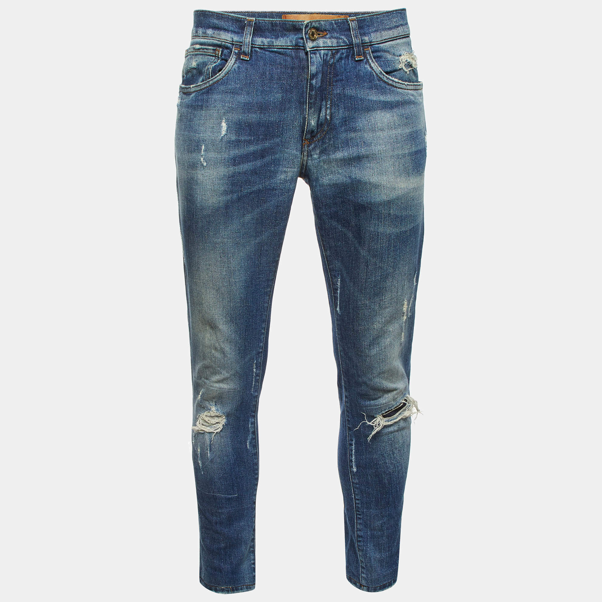 Pre Owned Dolce & Gabbana Blue Distressed Denim 14 Stretch Slim Fit Jeans M/Waist 33"