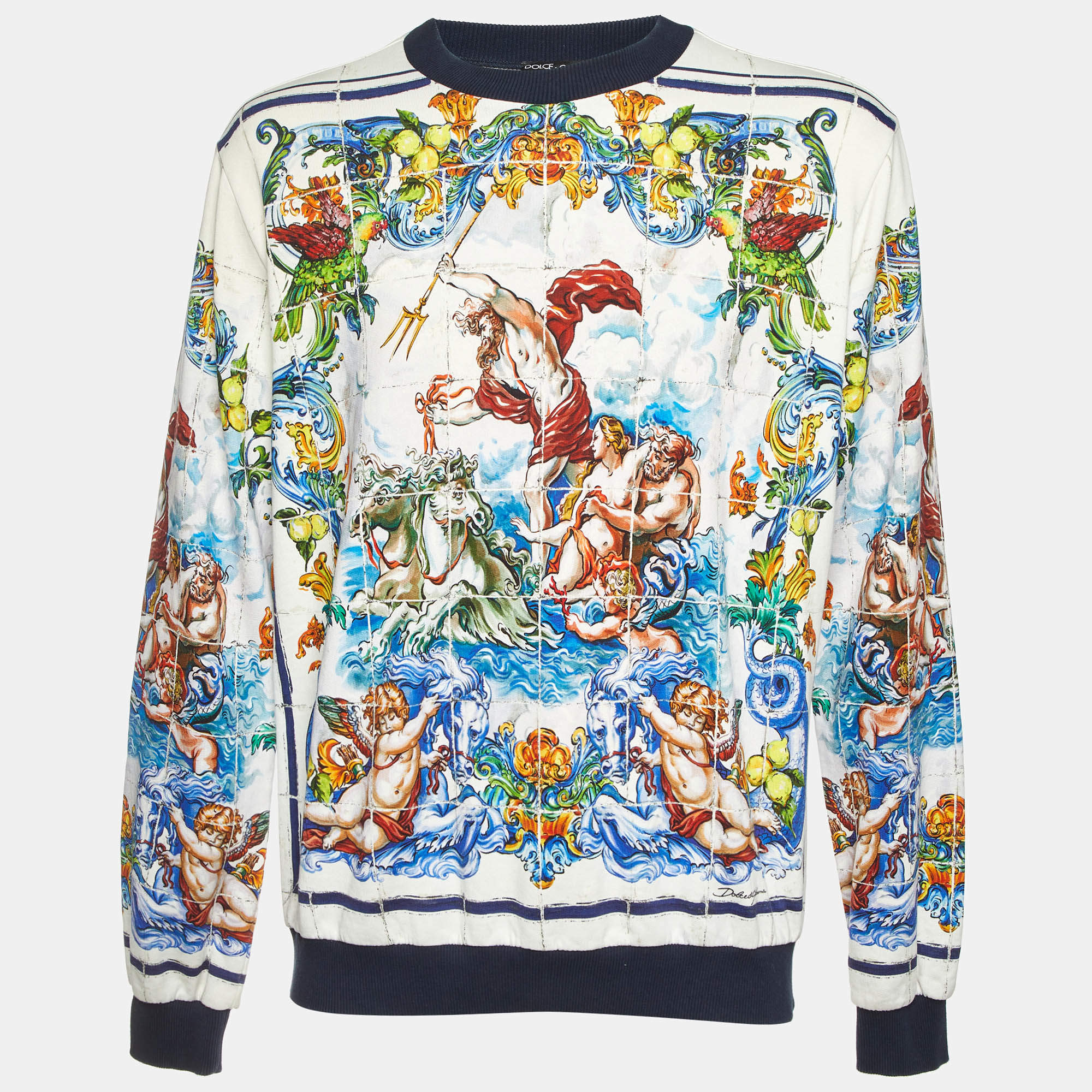 Pre Owned Dolce & Gabbana White Majolica Baroque Print Knit Sweatshirt XXL