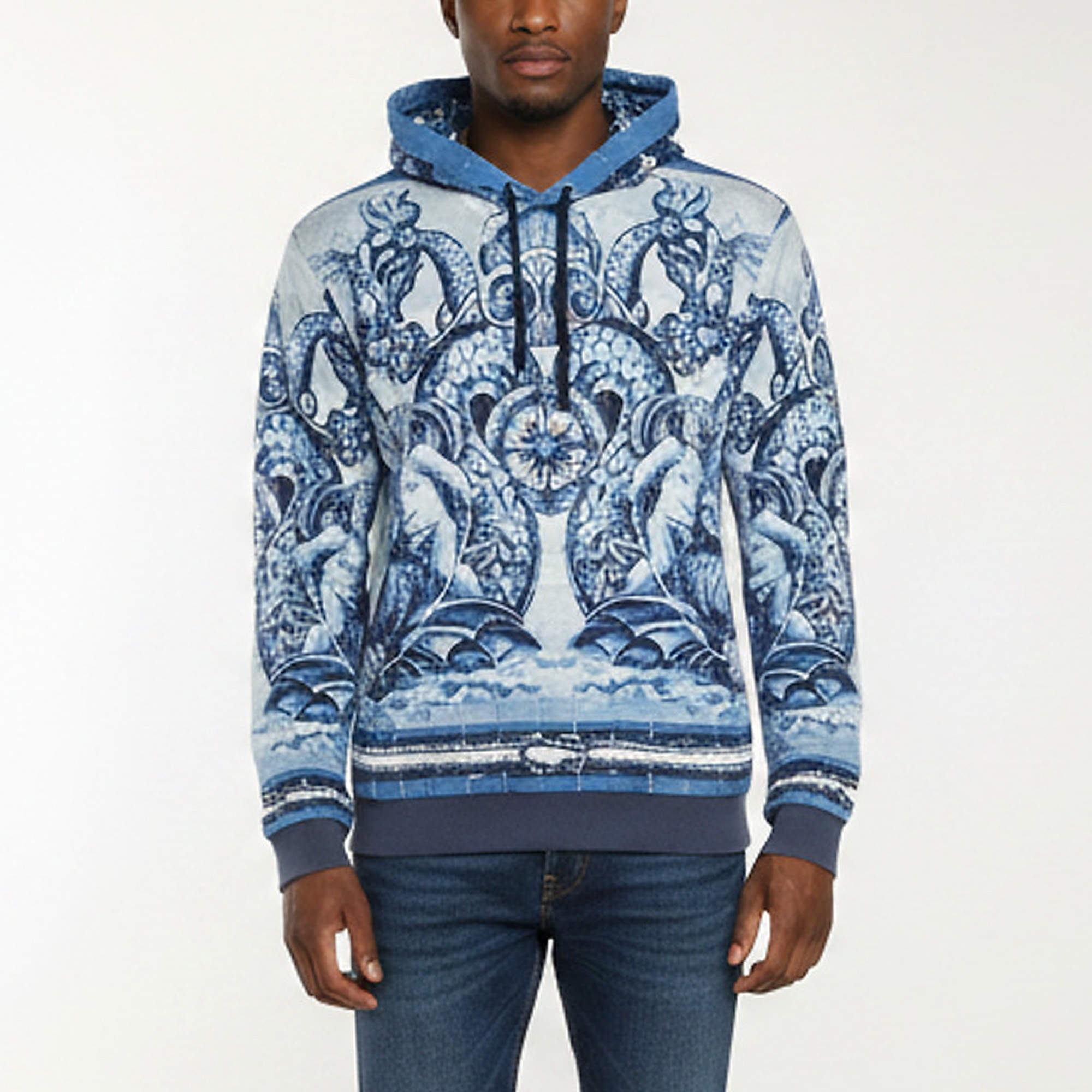 Pre Owned Dolce & Gabbana Blue Sicilian Majolica Print Cotton Hoodie L