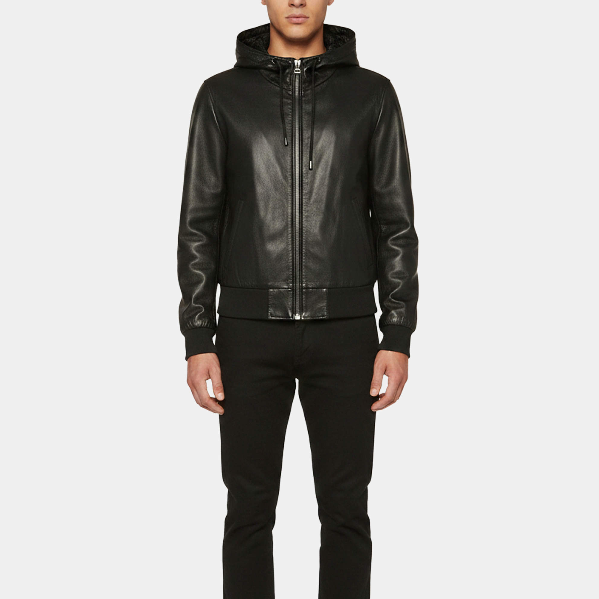 Pre Owned Dolce & Gabbana Black Leather Hooded Bomber Jacket S
