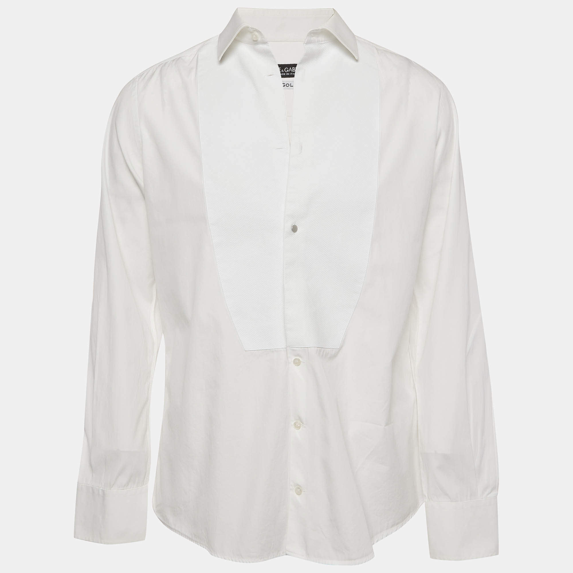 Pre Owned Dolce & Gabbana White Cotton Tuxedo Long Sleeve Shirt XXL 