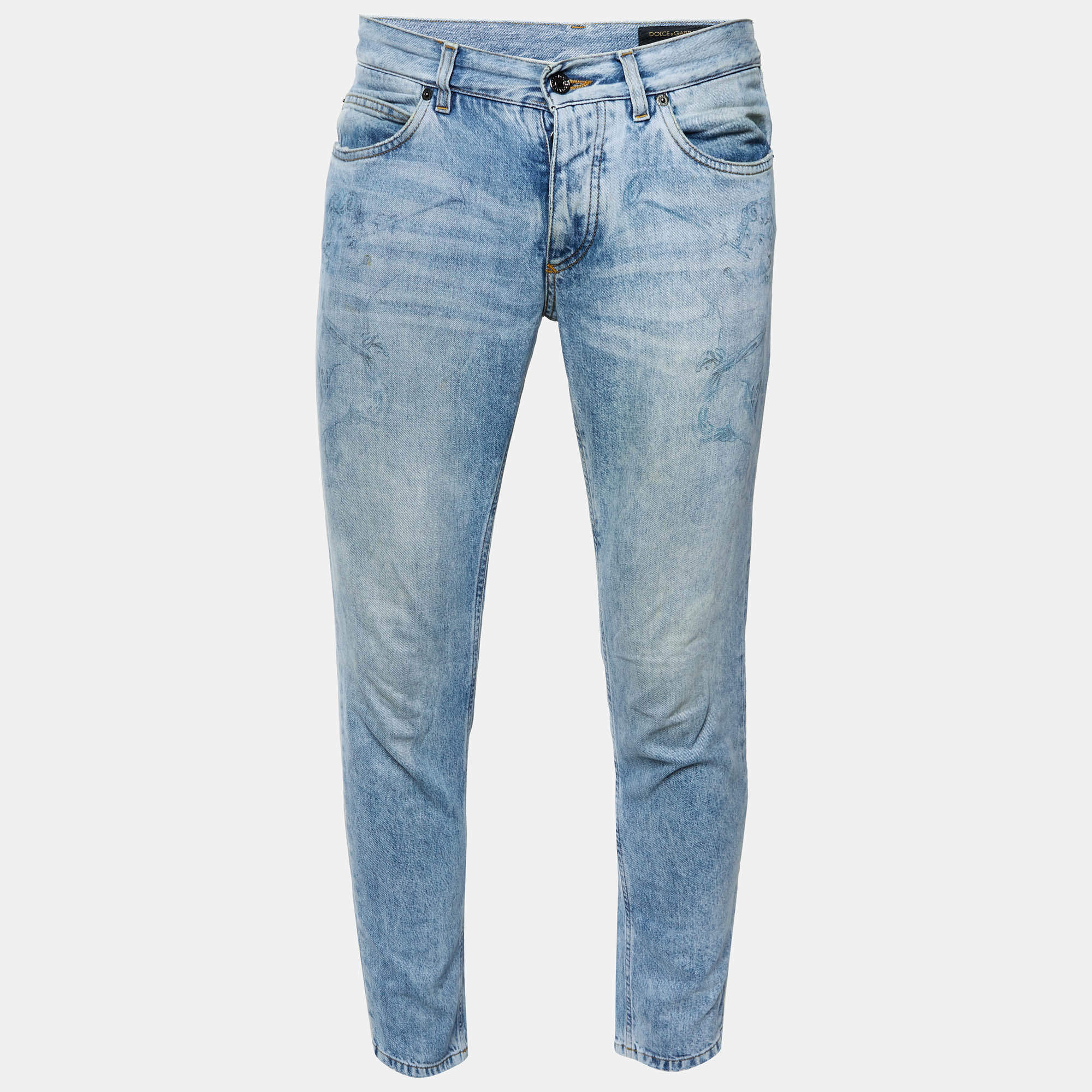 Pre Owned Dolce & Gabbana Blue Angel Print Denim Slim Fit Jeans S/Waist 32"