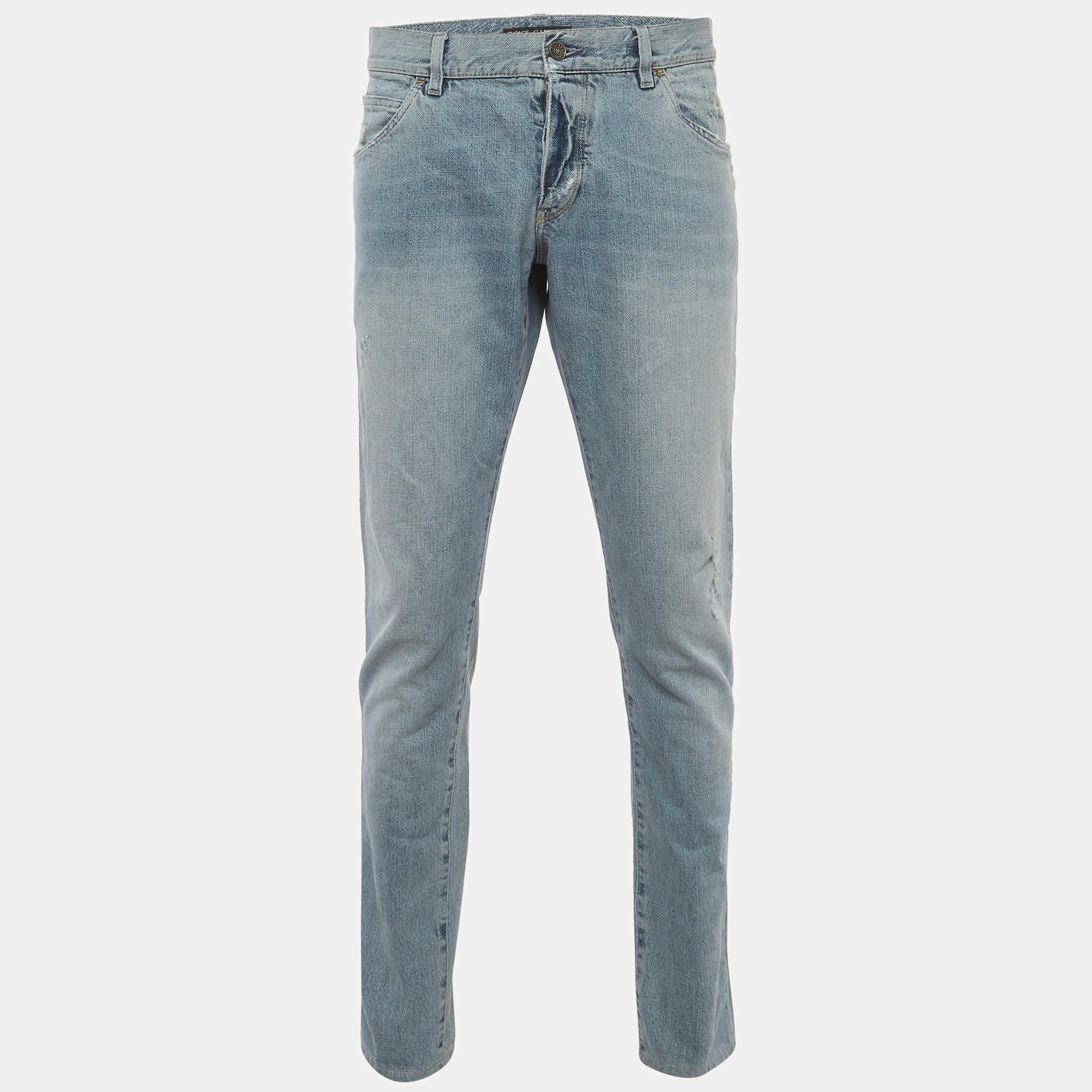 Pre Owned Dolce & Gabbana Blue Distressed Denim Slim Fit Jeans XL/Waist 36"