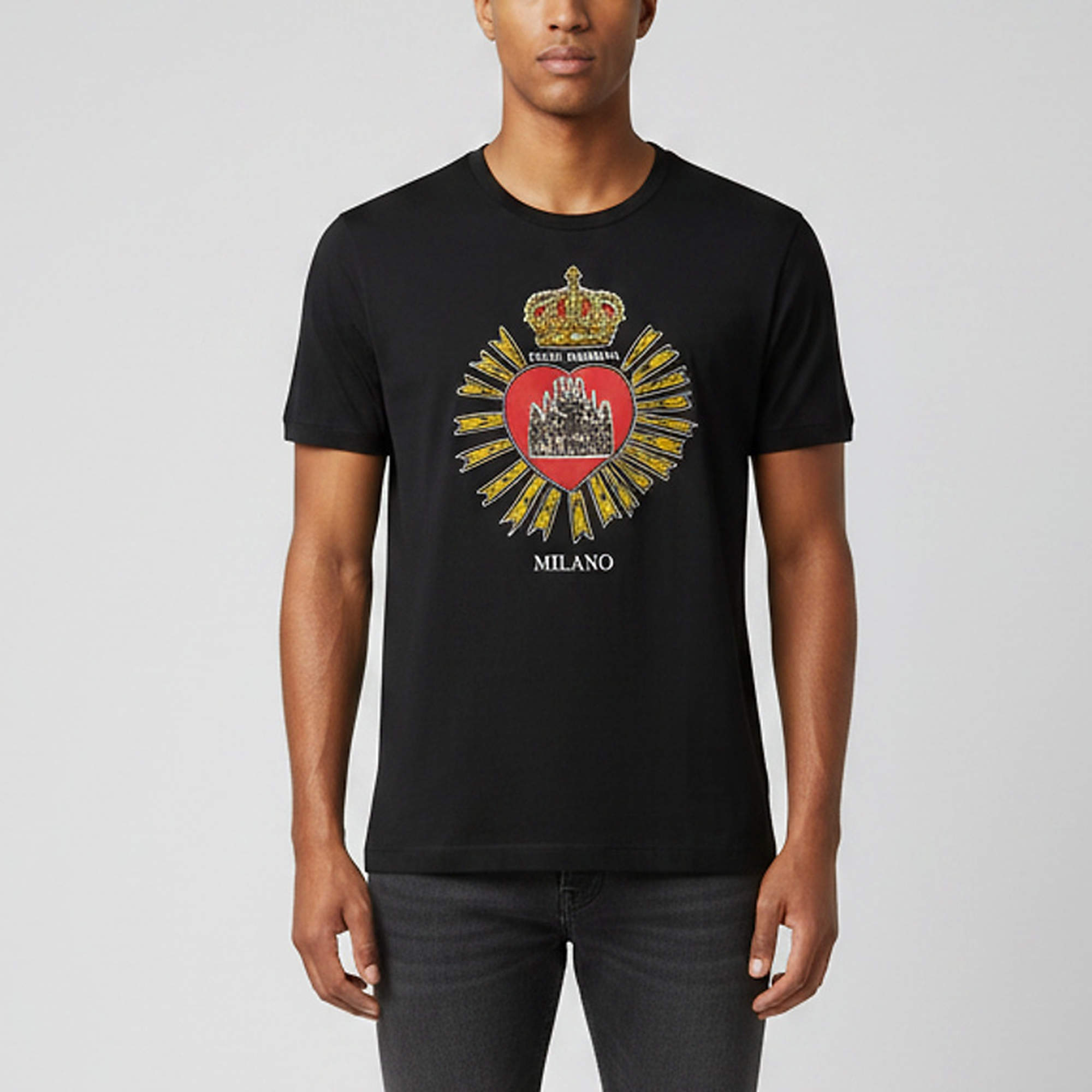 Pre Owned Dolce & Gabbana Black DG Crown Heart Print Cotton Crew Neck T-Shirt M