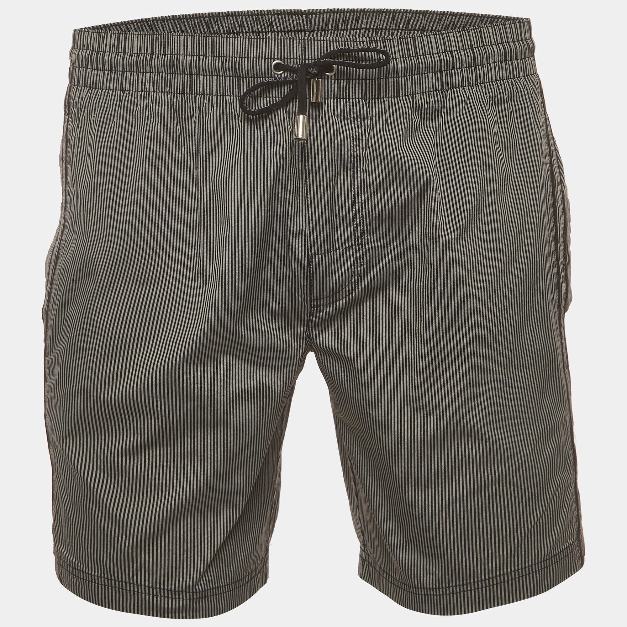 Pre Owned Dolce & Gabbana Beachwear Grey Striped Synthetic Swim Shorts S