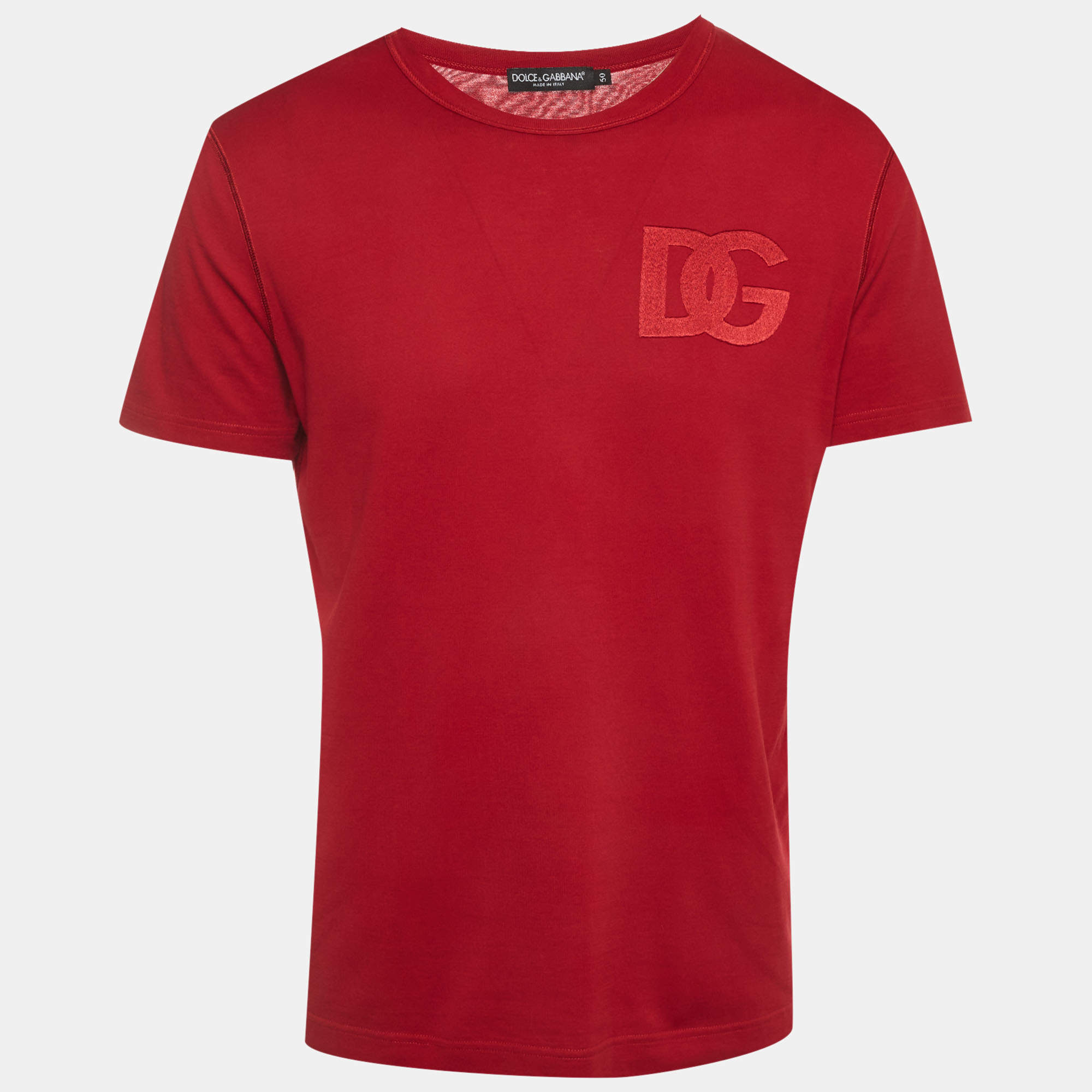 Pre Owned Dolce & Gabbana Red Logo Embroidered Jersey Crewneck T-Shirt L