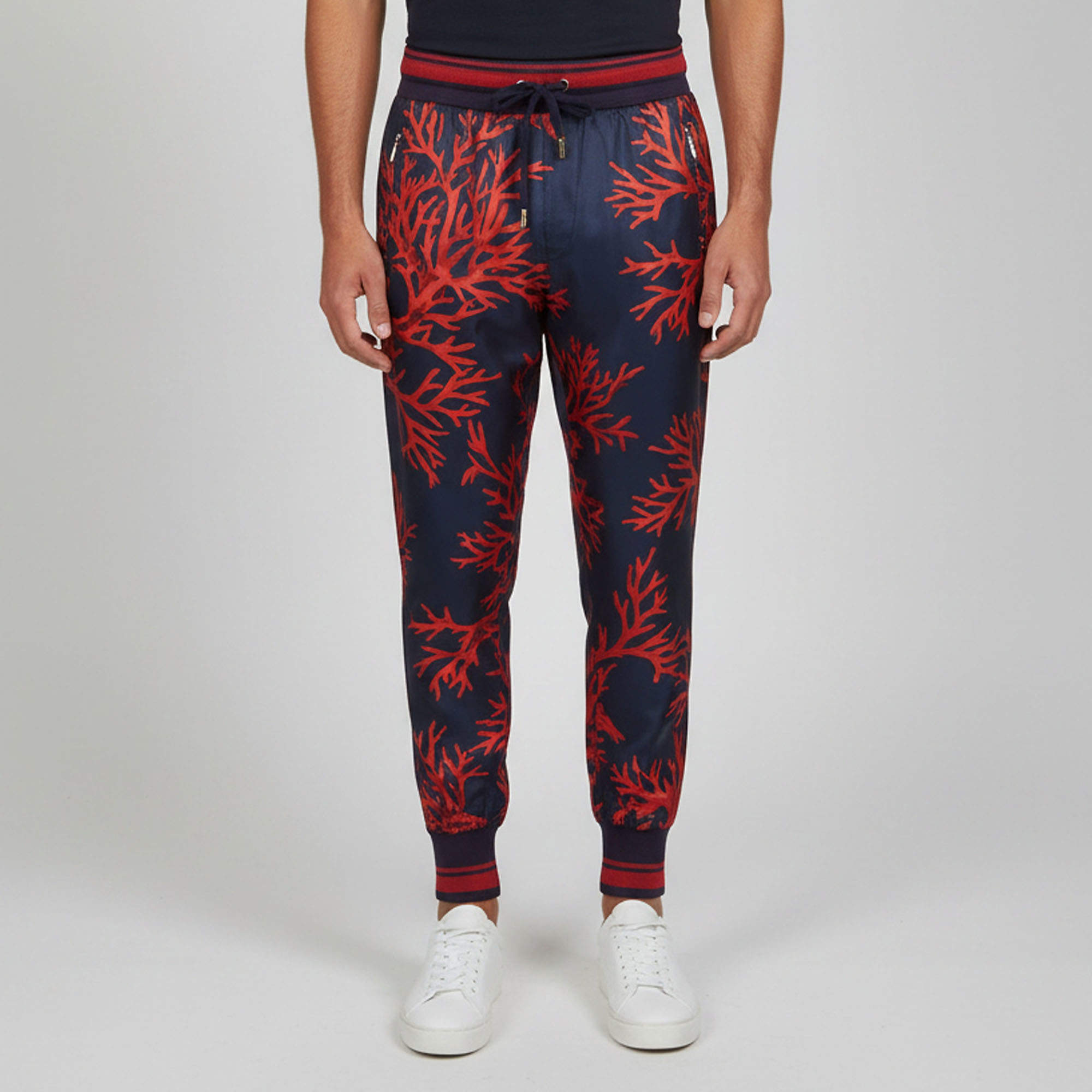 Pre Owned Dolce & Gabbana Navy Blue/Red Corallo Print Satin Drawstring Joggers M 