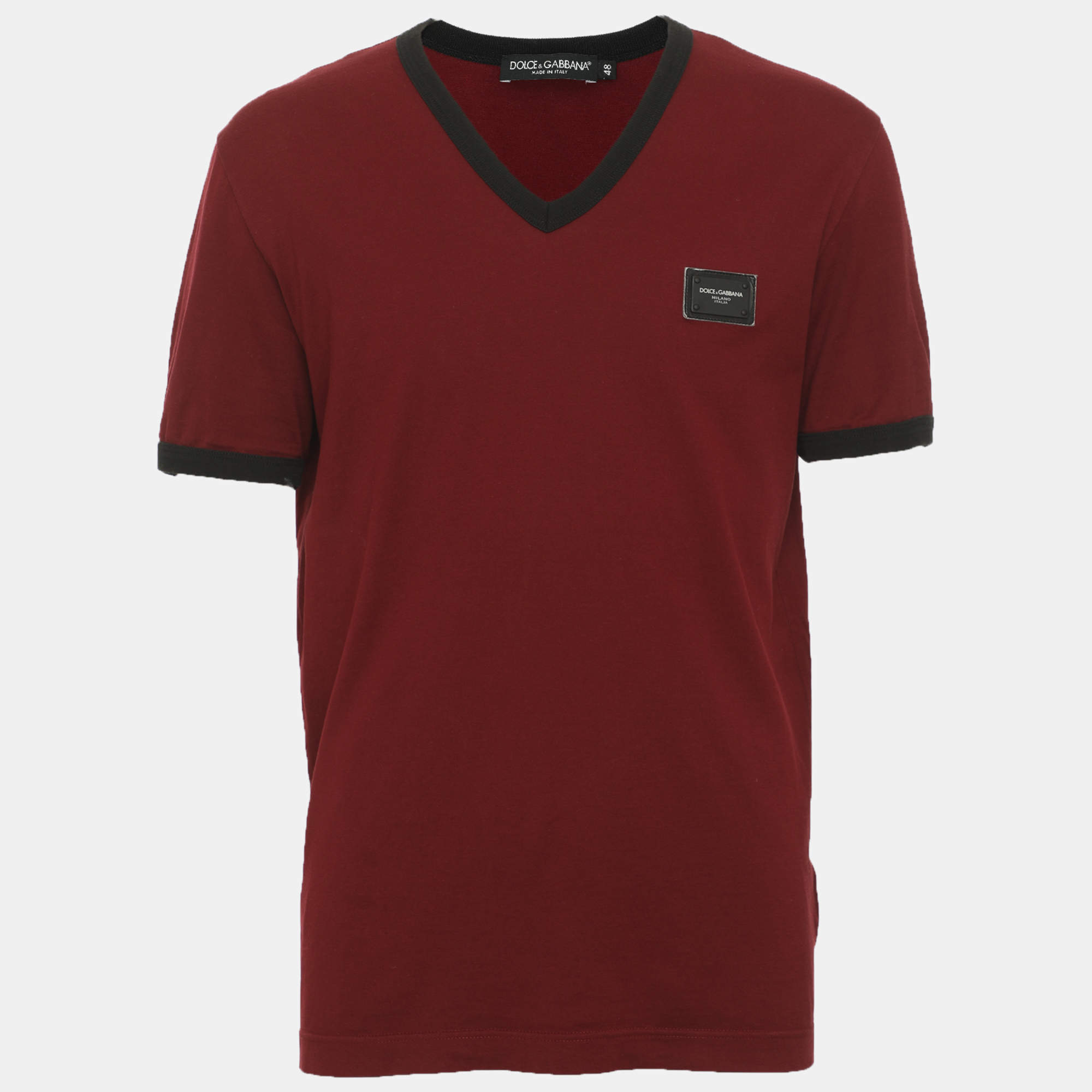 Pre Owned Dolce & Gabbana Burgundy Cotton Knit Logo Plaque Detail Crewneck T-Shirt M