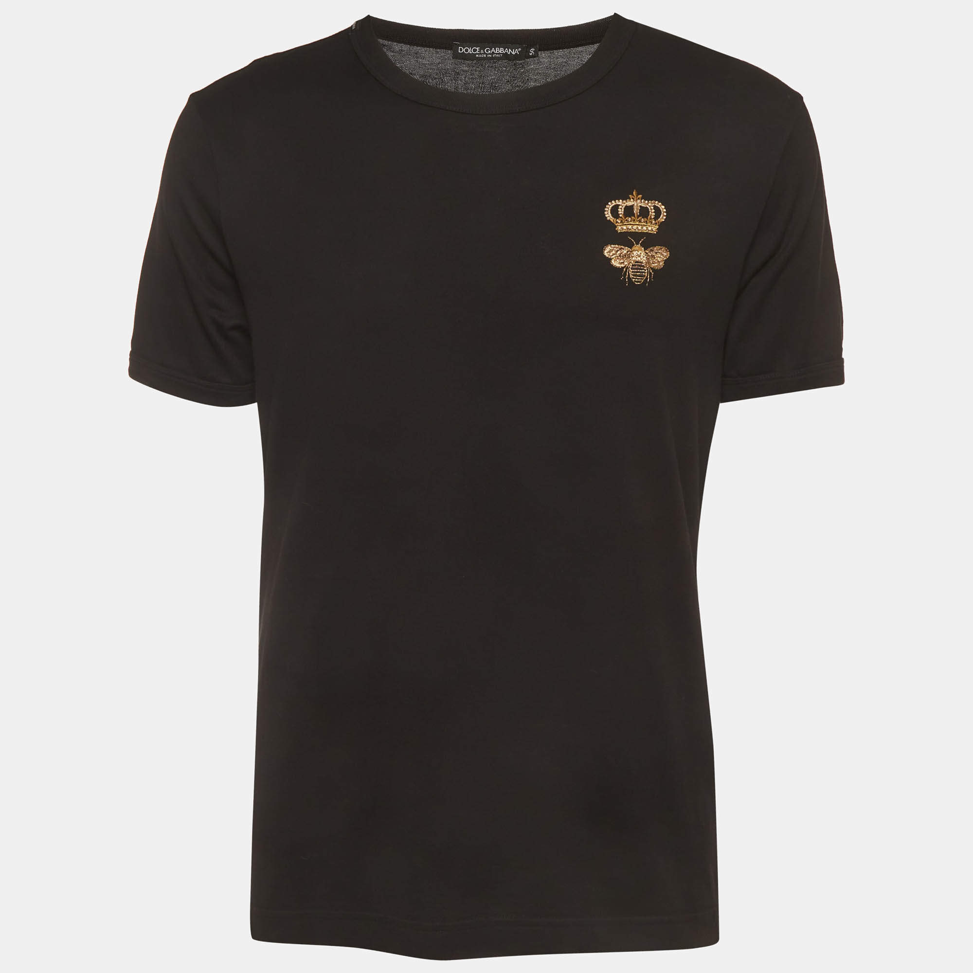Pre Owned Dolce & Gabbana Black Bee Embroidered Jersey Crewneck T-Shirt L