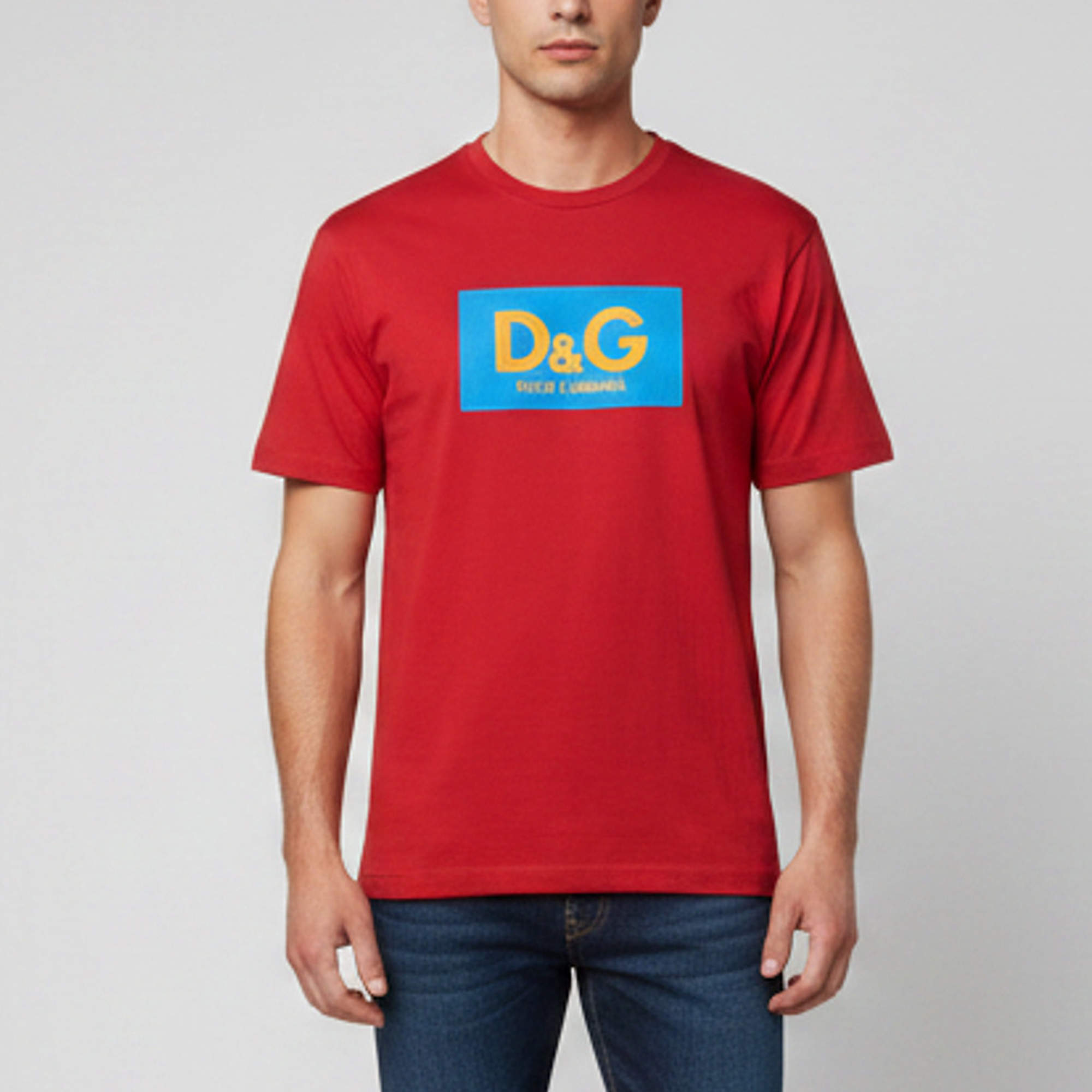 Pre Owned Dolce & Gabbana Red Color-Block Logo Print Jersey Relaxed Fit T-Shirt L