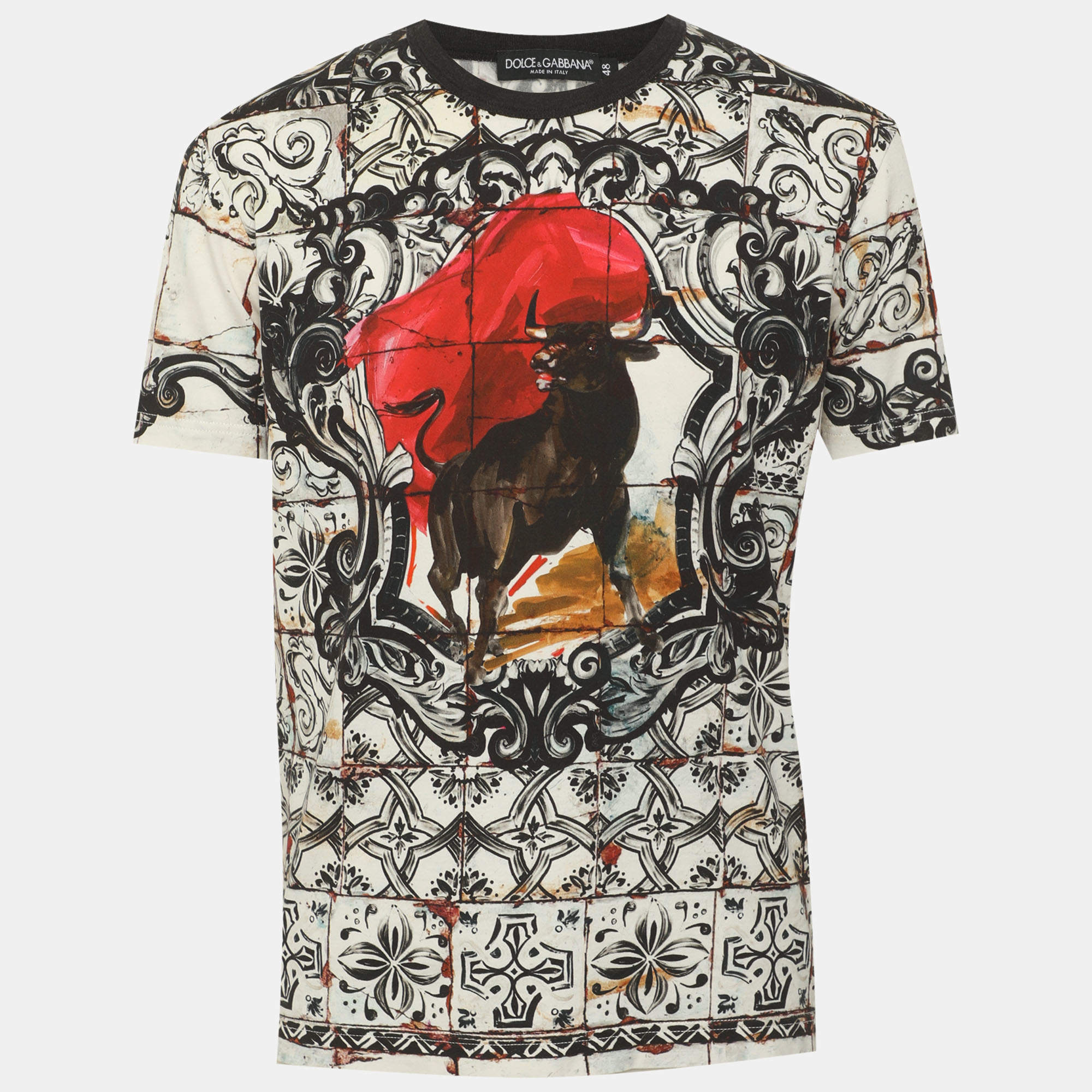 مملوكة مسبقًا Dolce & Gabbana Multicolor Majolica Corrida Bull Print Jersey Crew Neck T-Shirt M