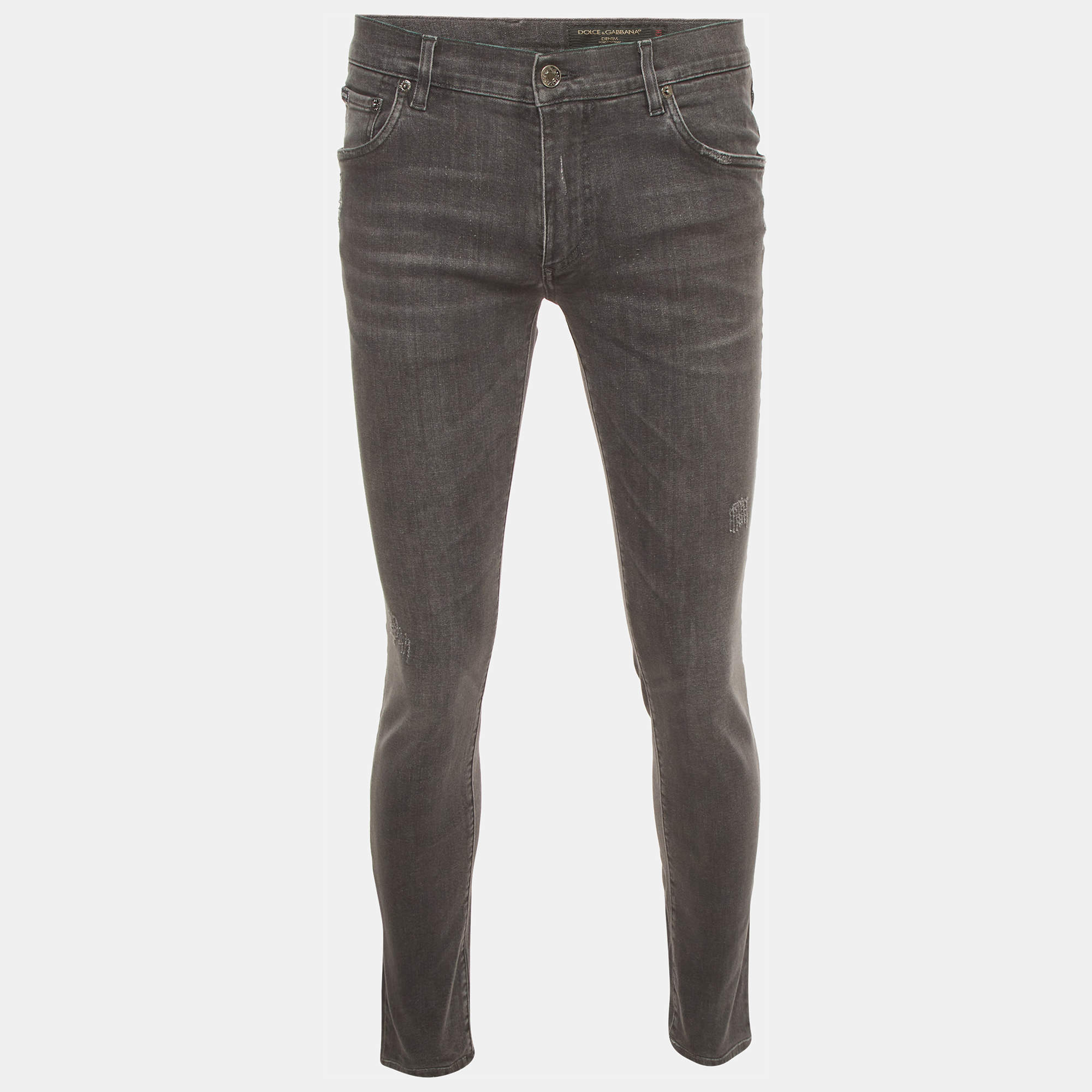Pre Owned Dolce & Gabbana Grey Distressed Stretch Denim Jeans L/Waist 33" 
