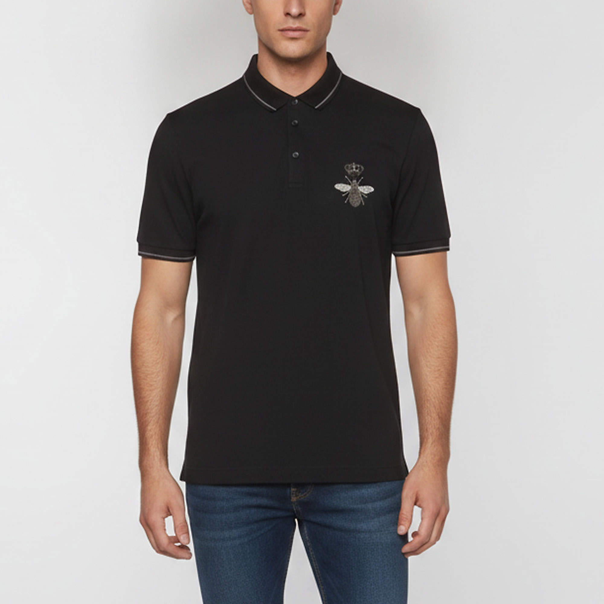 Pre Owned Dolce & Gabbana Black Pique Cotton Embroidered Crown Bee Polo T-Shirt XXL