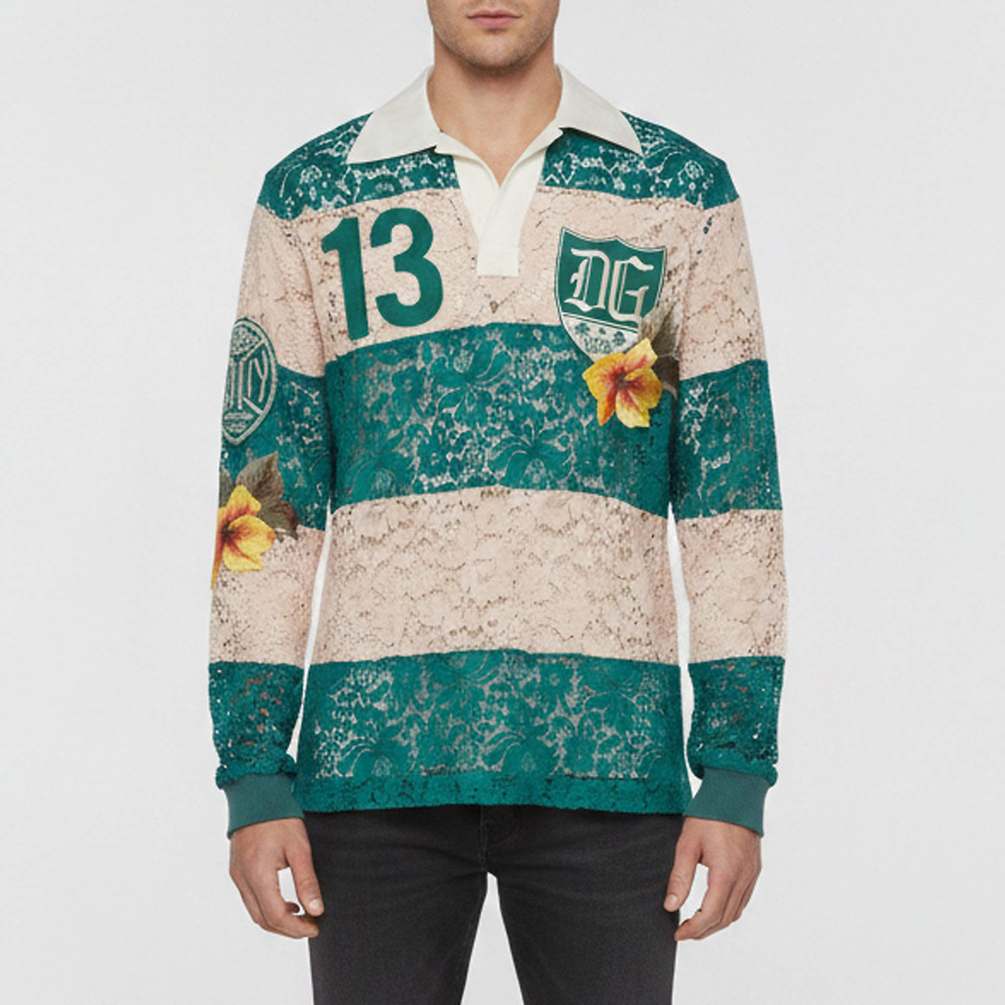 Pre Owned Dolce & Gabbana Green/Pink Floral Lace Tennis Polo T-Shirt M