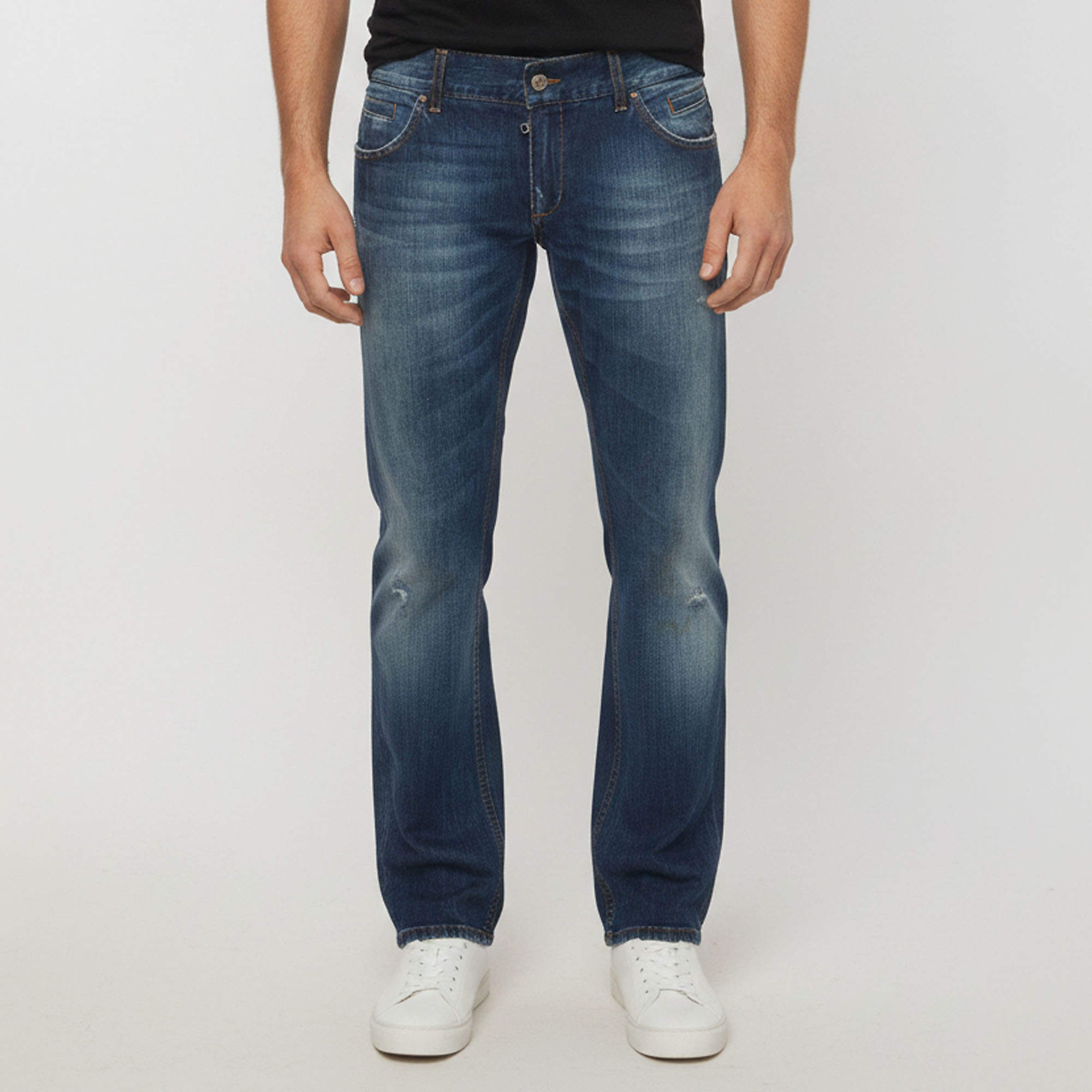 Pre Owned Dolce & Gabbana Denim Blue Distressed Straight Fit Jeans L/Waist 35''