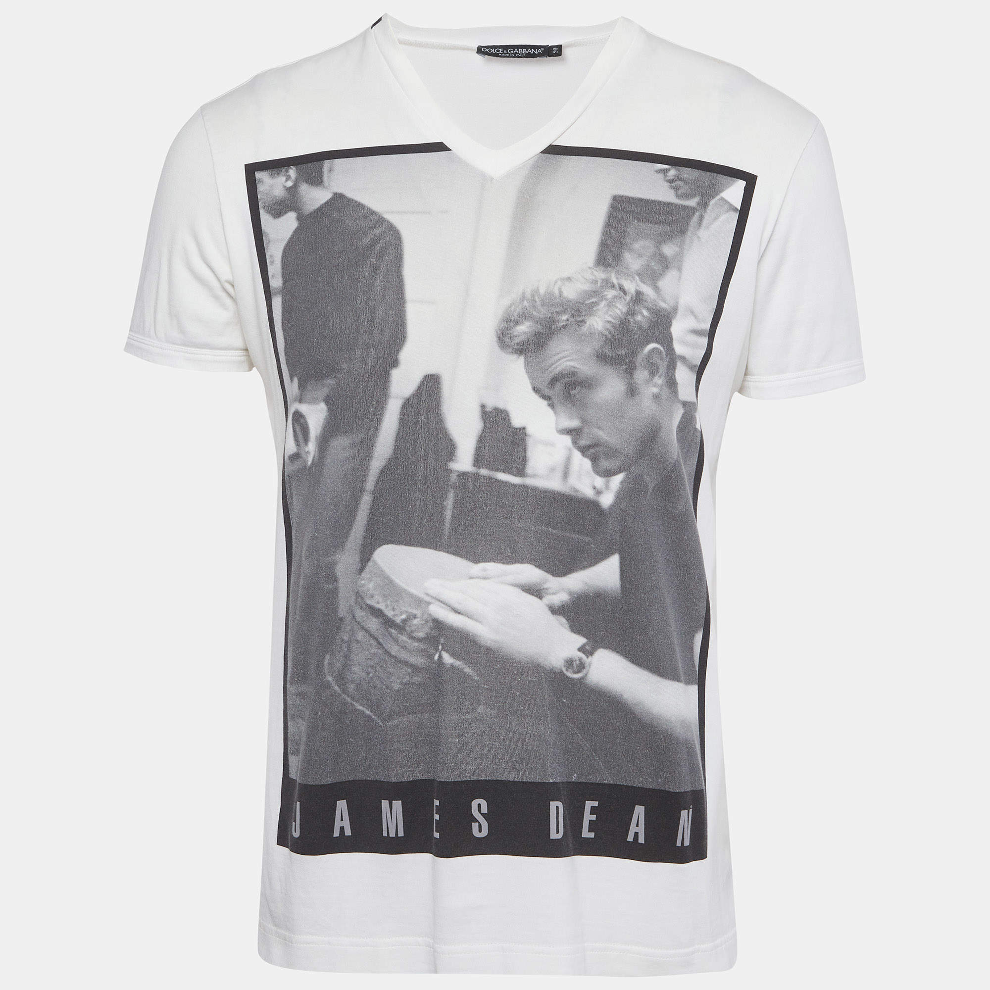 Pre Owned Dolce & Gabbana White James Dean Print Jersey V-Neck T-Shirt L