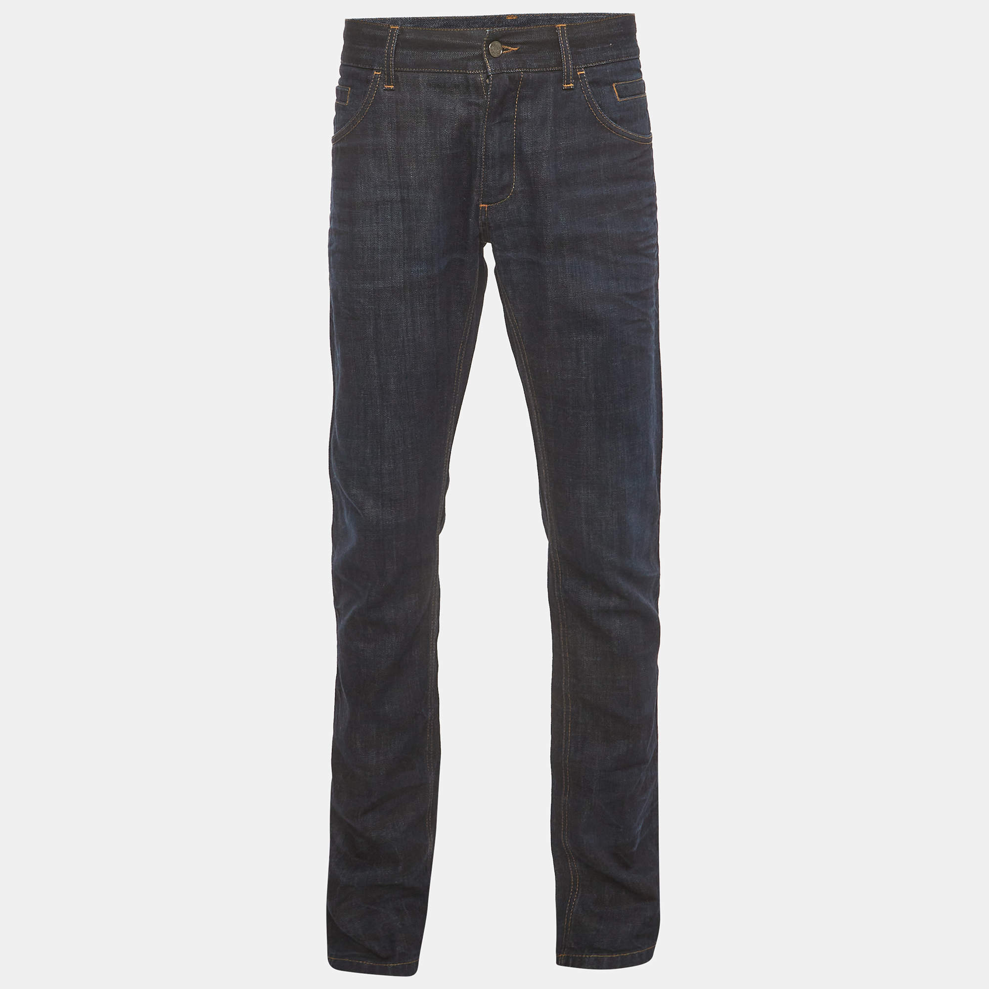 Pre Owned Dolce & Gabbana Blue Denim Logo Paque Detail Straight Fit Jeans L/Waist 36" 