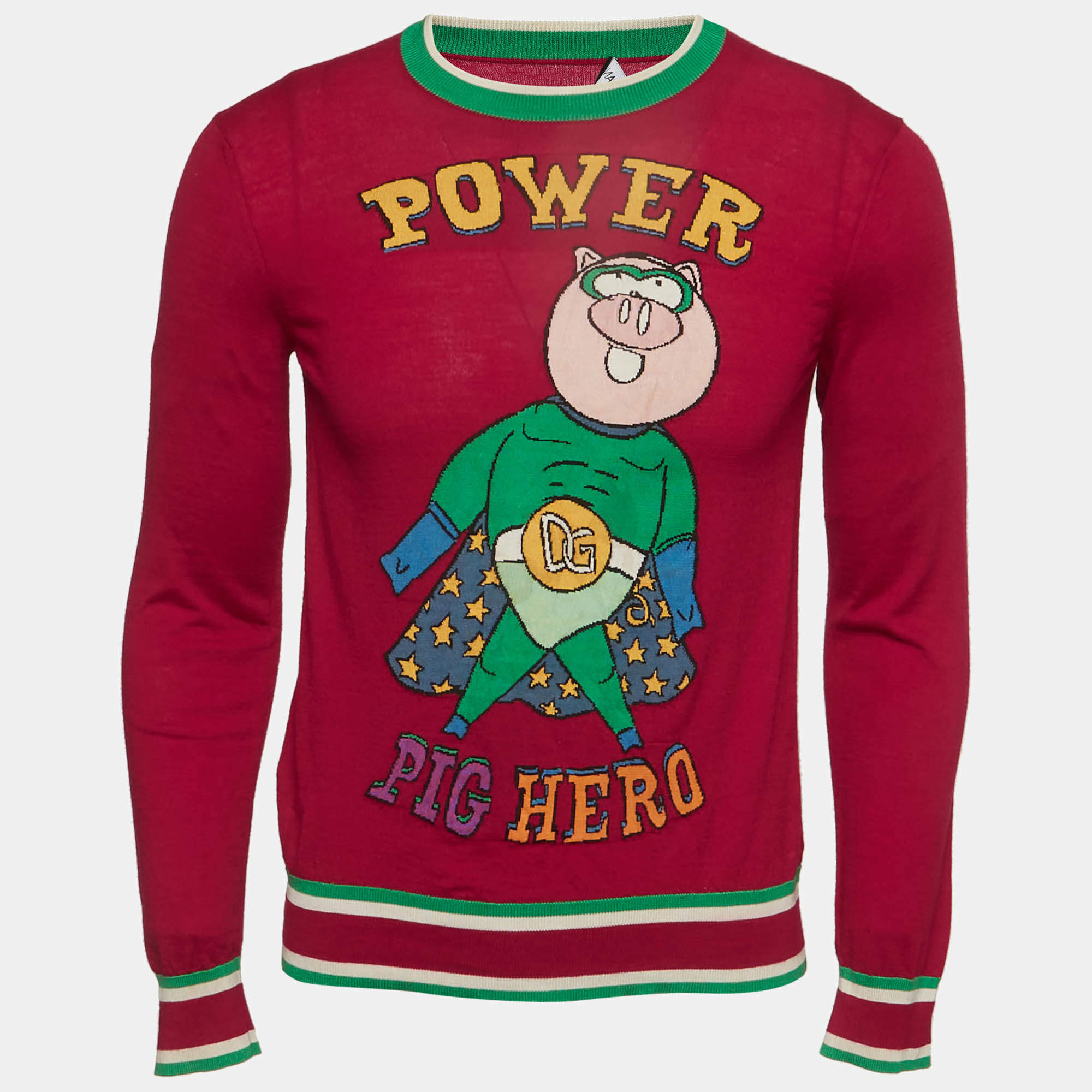 Pre Owned Dolce & Gabbana Red Wool Blend Pig of the Year Crewneck Jumper S