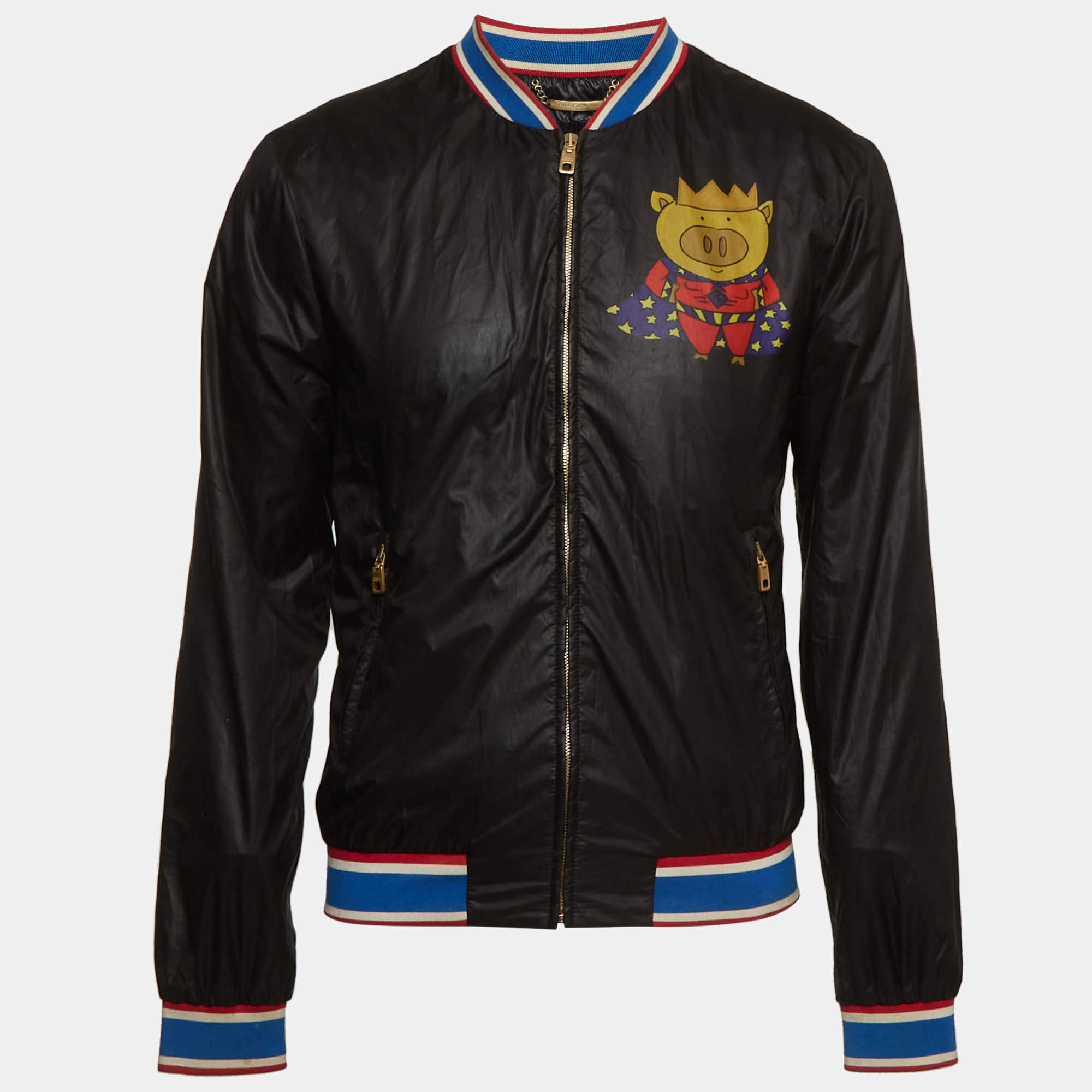 Pre Owned Dolce & Gabbana Black Graphic Print Nylon Year Of The Pig Bomber Jacket S