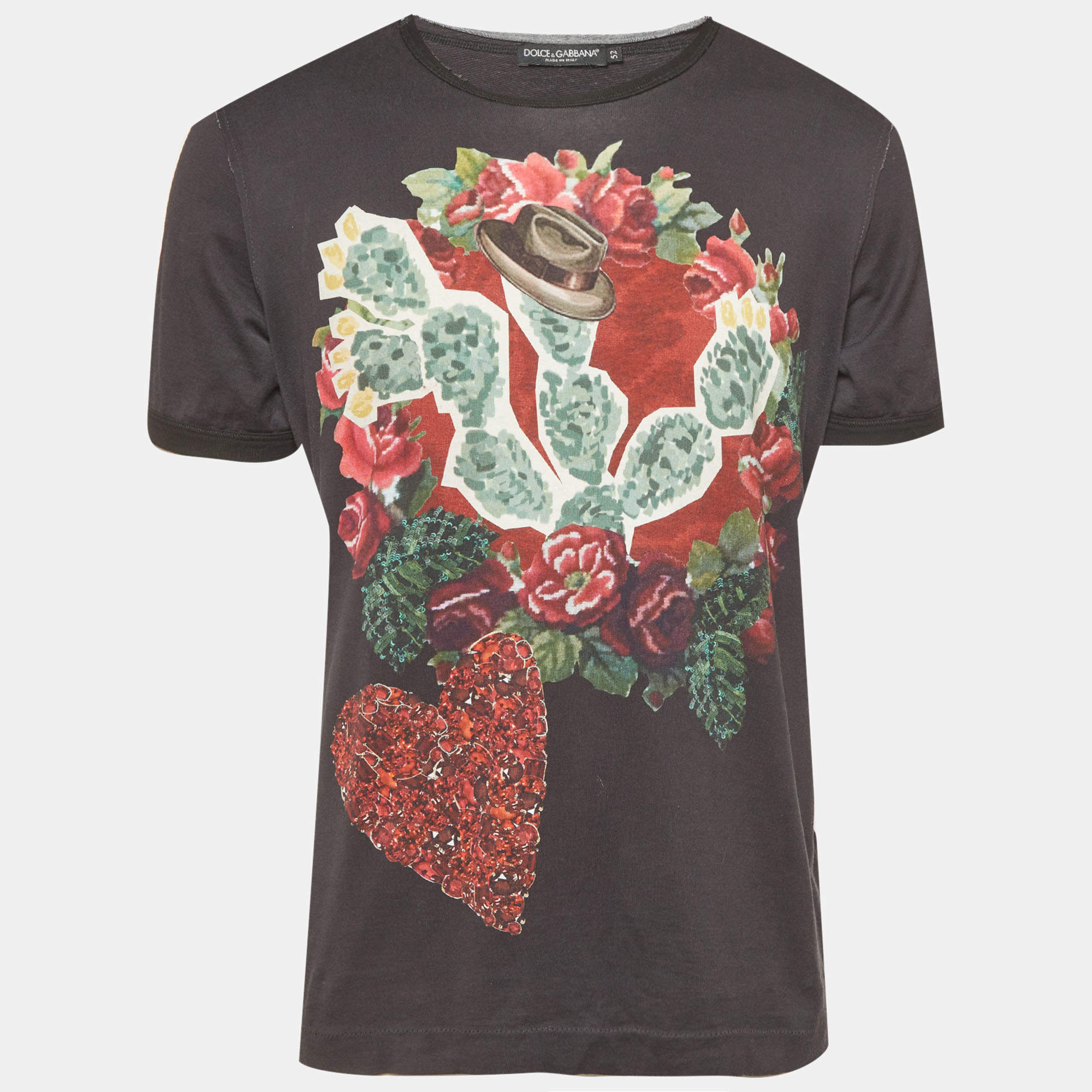 Pre Owned Dolce & Gabbana Grey Floral Cactus Print Jersey T-Shirt XL