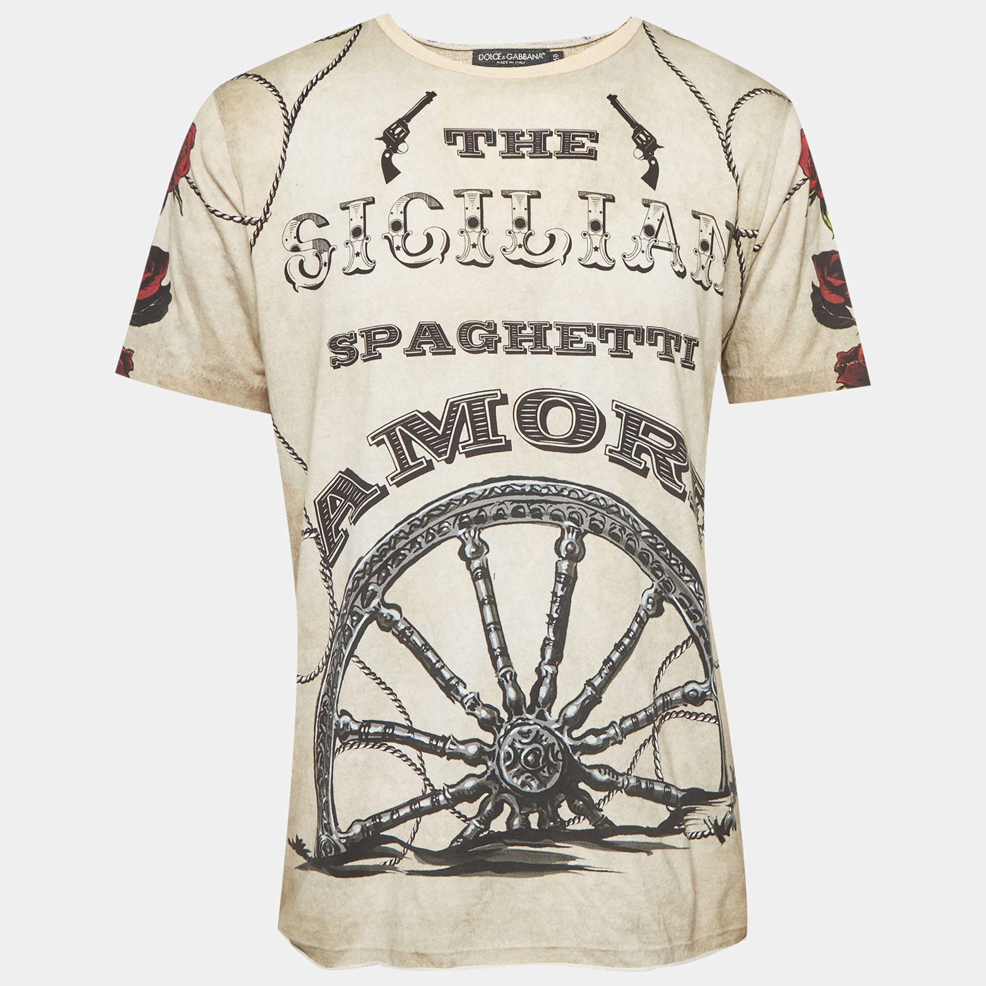 Pre Owned Dolce & Gabbana Beige The Sicilian Print Cotton Crew Neck T-Shirt L