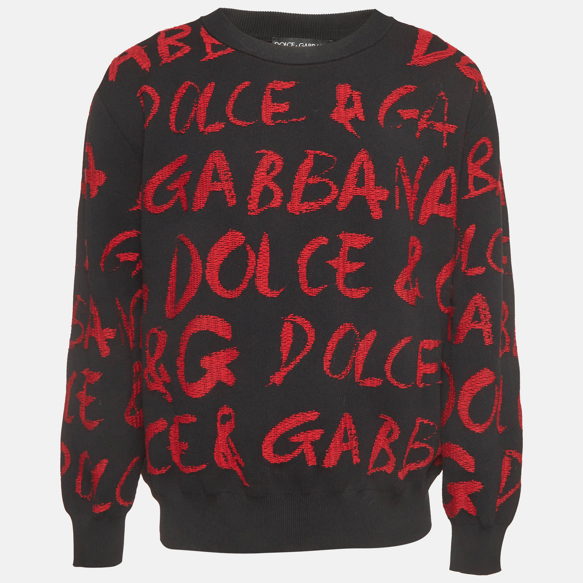 Pre Owned Dolce & Gabbana Black/Red Jacquard Knit Monogram Sweater L 