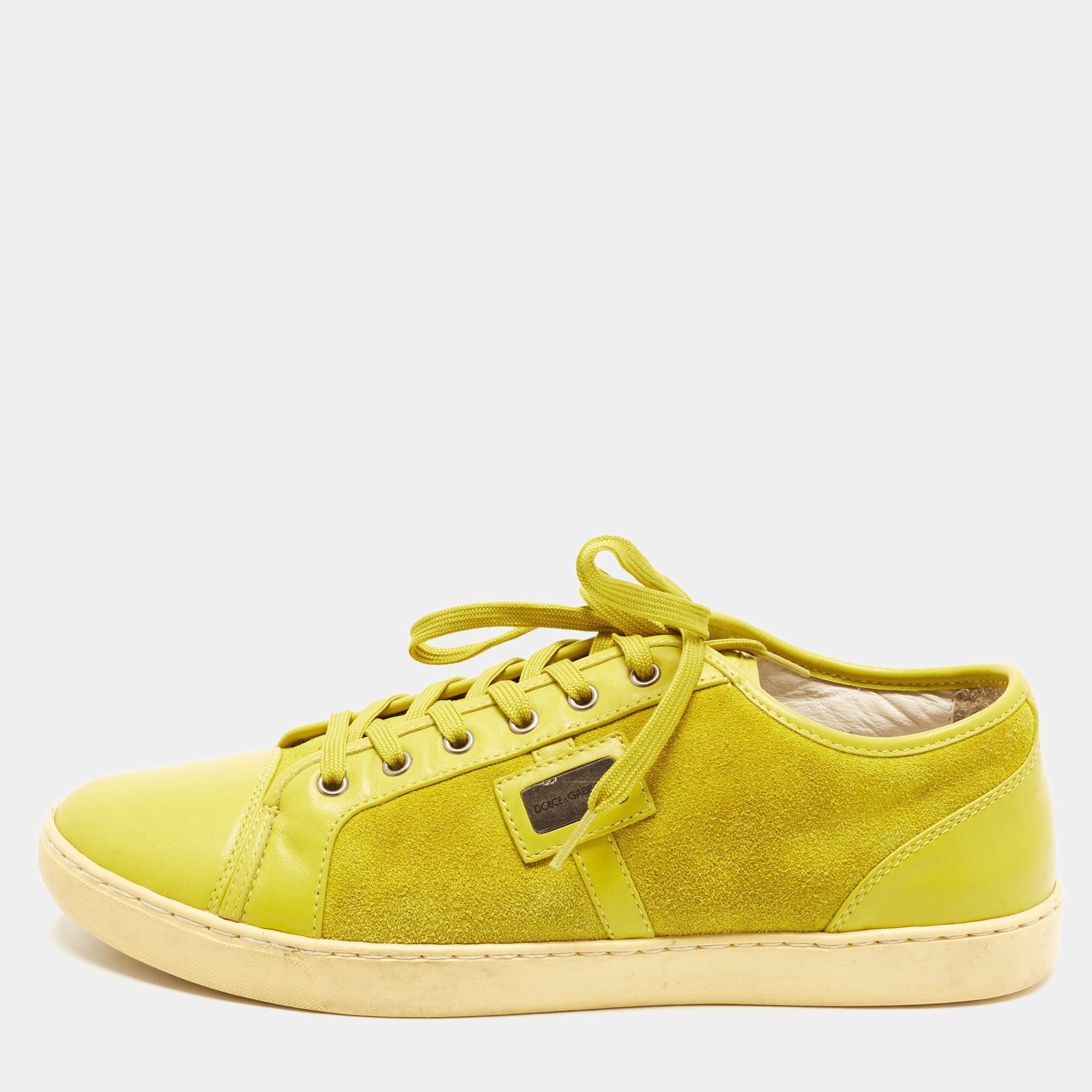 Pre Owned Dolce & Gabbana Size 45 Lime Green Leather and Suede Low Top Sneakers