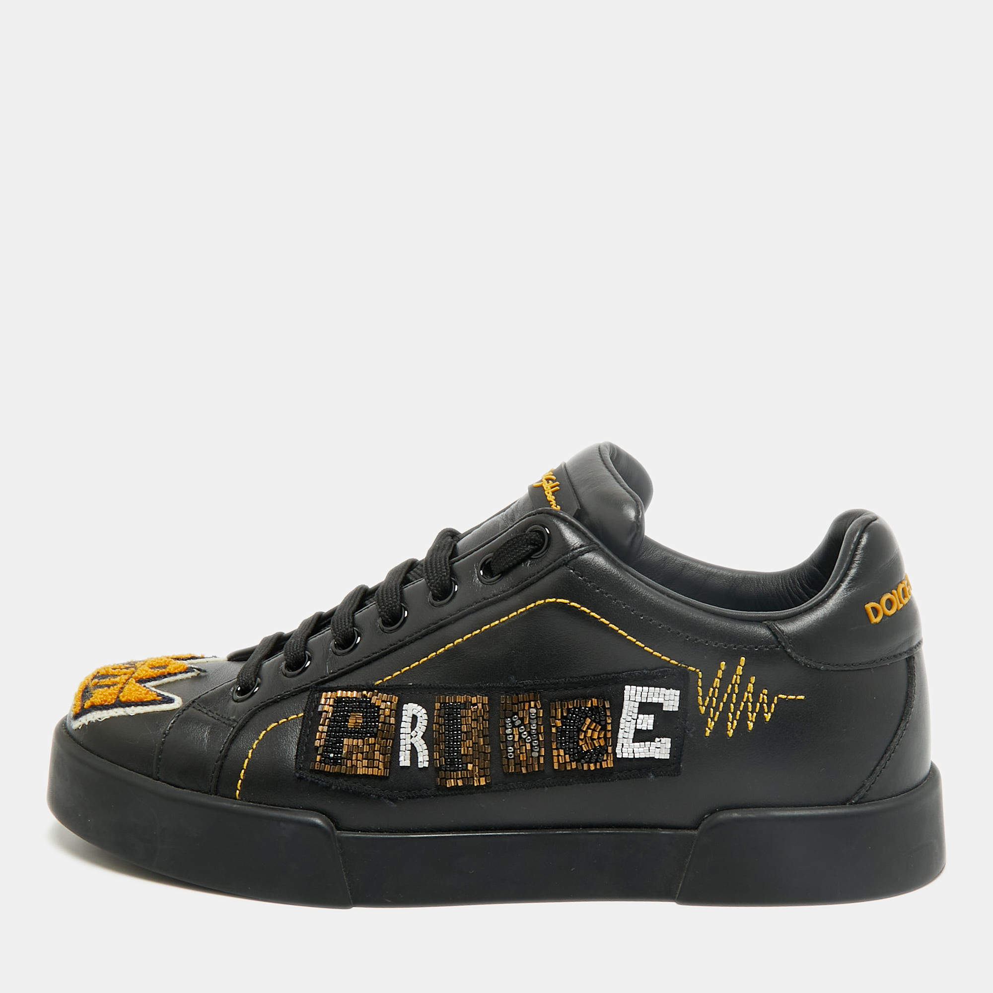 Pre Owned Dolce & Gabbana Portofino Prince Size 39 Black Leather Prince Lace Up Sneakers