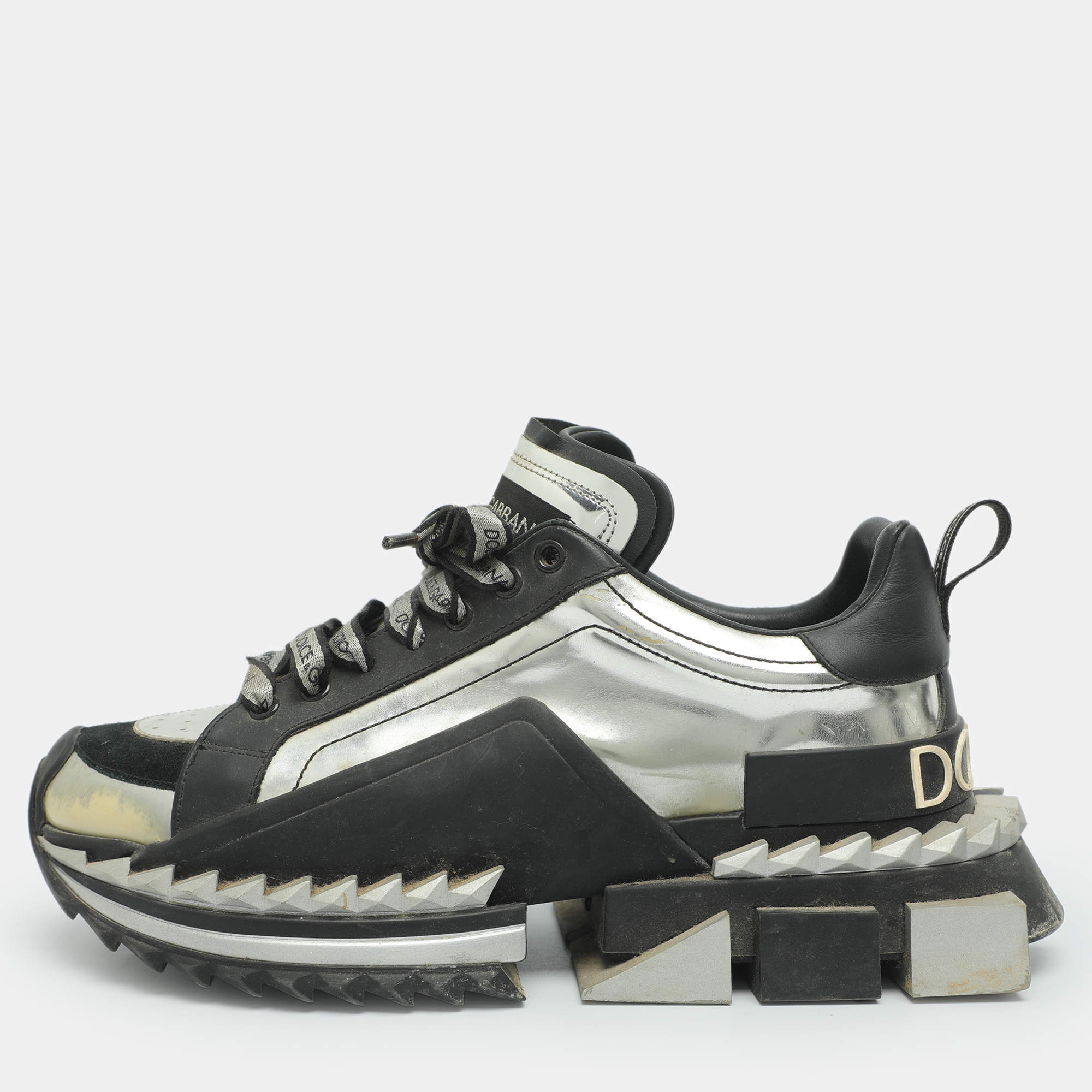 مملوكة مسبقًا Dolce & Gabbana Super King Size 42 Silver/Black Leather Lace Up Sneakers