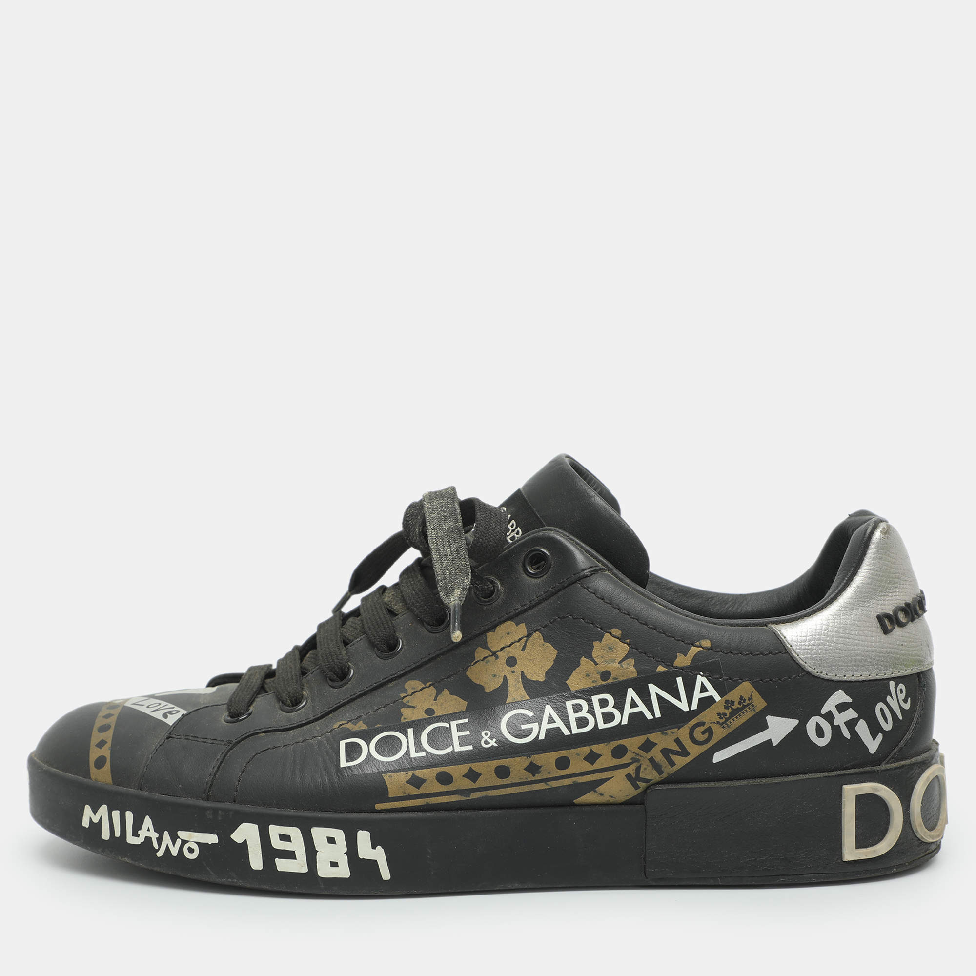 Pre Owned Dolce & Gabbana Portofino Size 43 Black Leather Low Top Sneakers