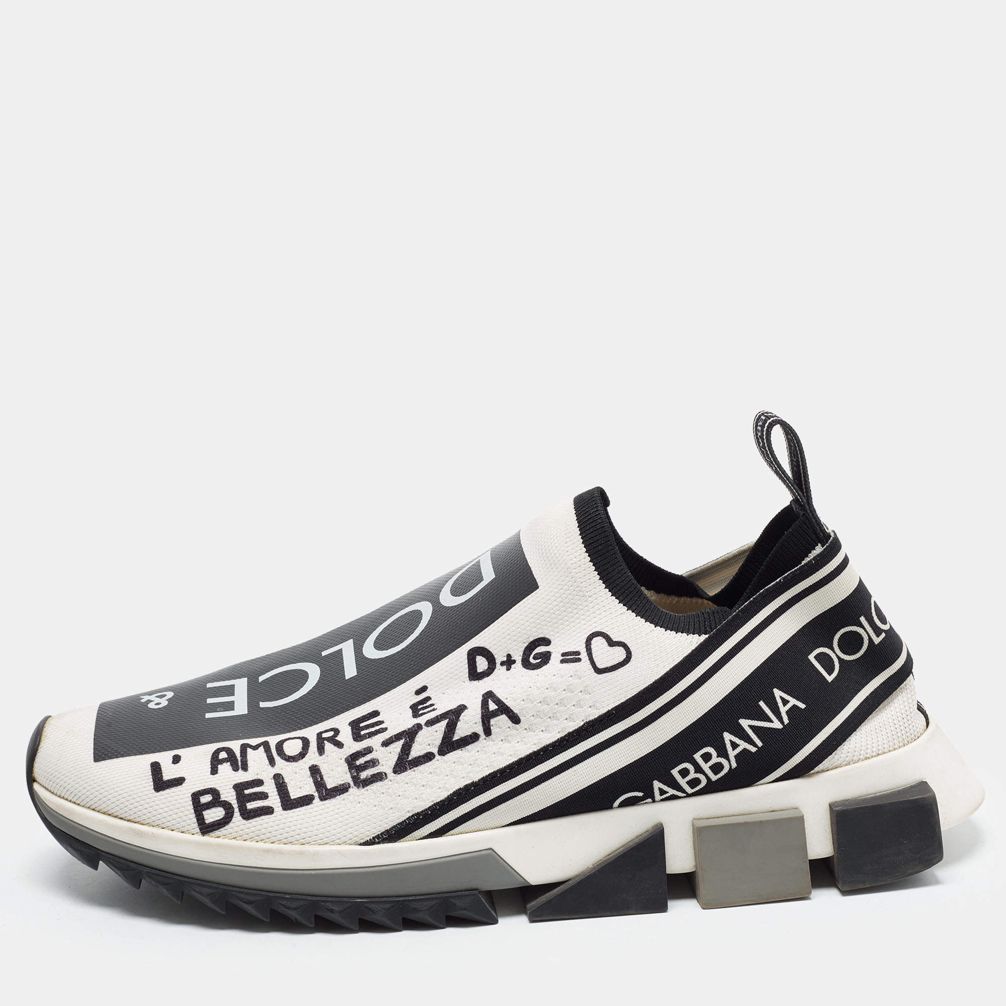 Pre Owned Dolce & Gabbana Sorrento Size 43.5 White/Black Knit Fabric Slip On Sneakers