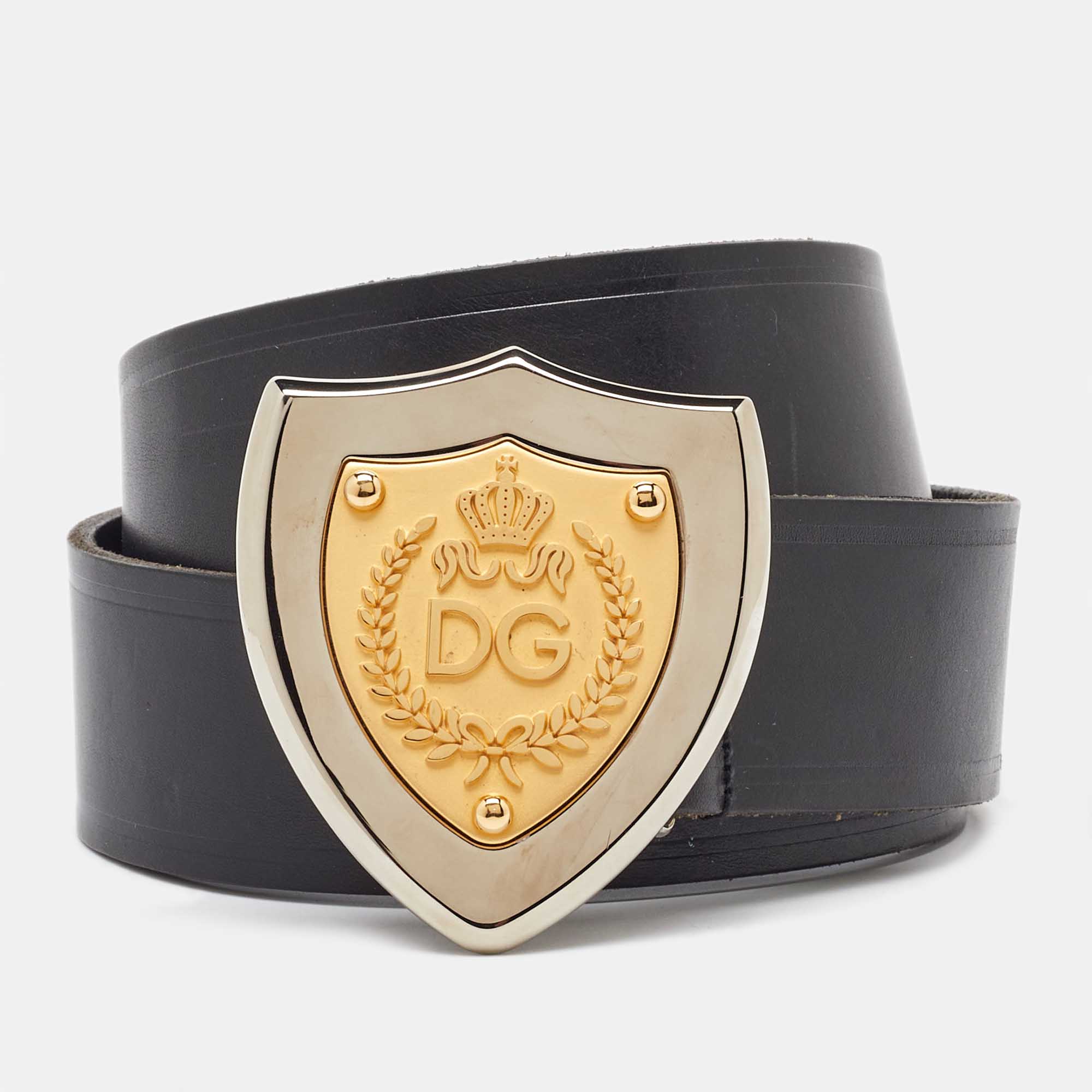 Pre Owned Dolce & Gabbana Black Leather Shield Logo Plaque Belt 95CM