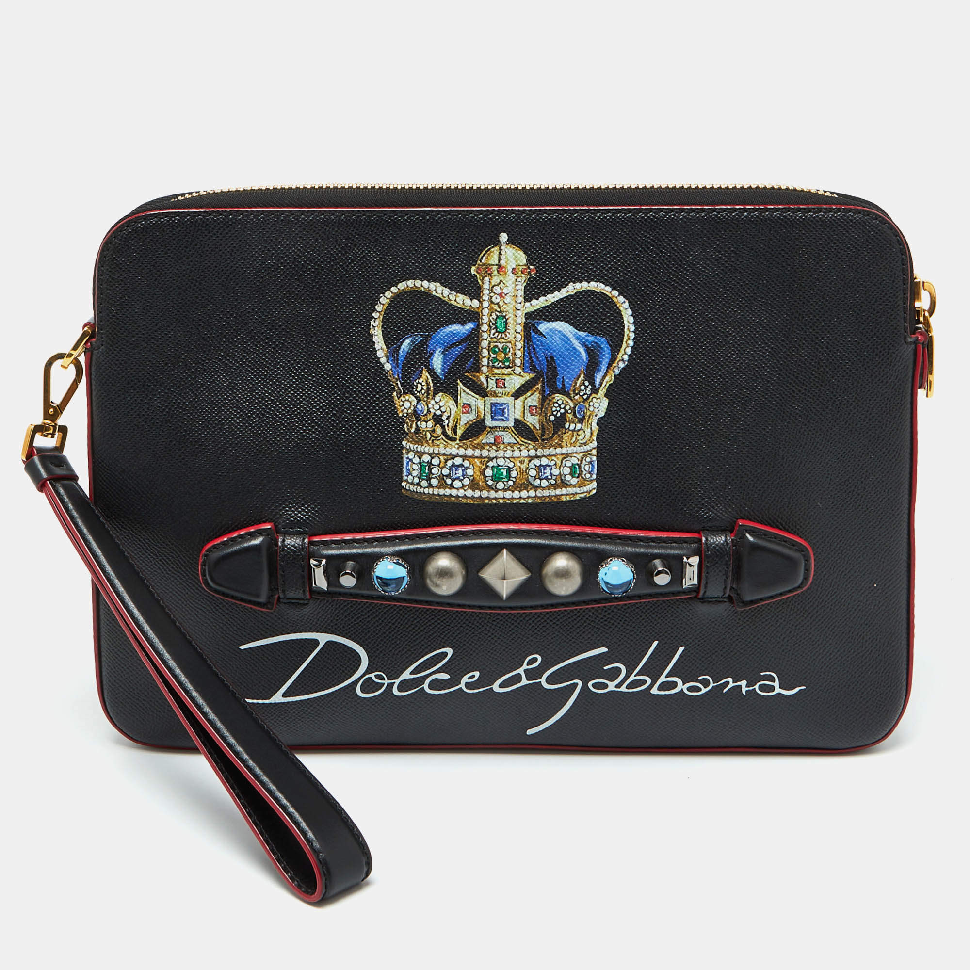 Dolce & Gabbana Black Leather Studded Crown Print Pouch Briefcase