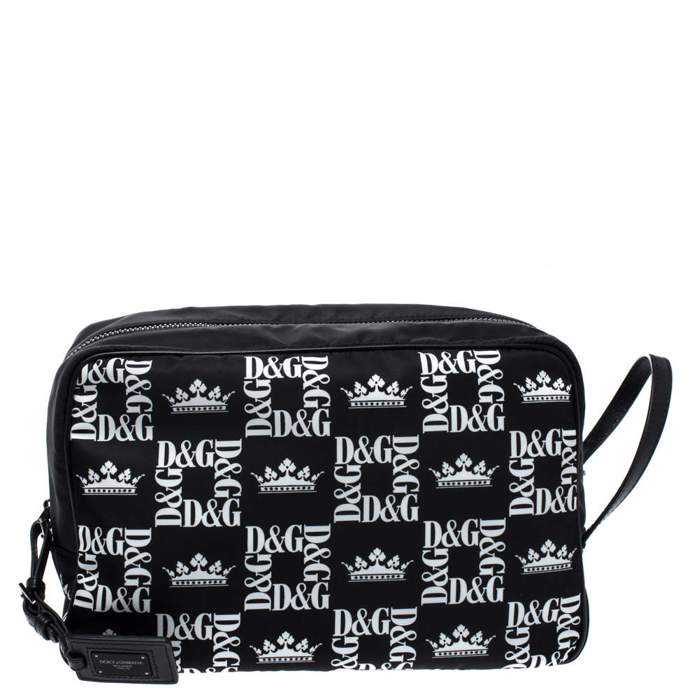 Dolce & Gabbana Black Crown Print Nylon and Leather Pouch