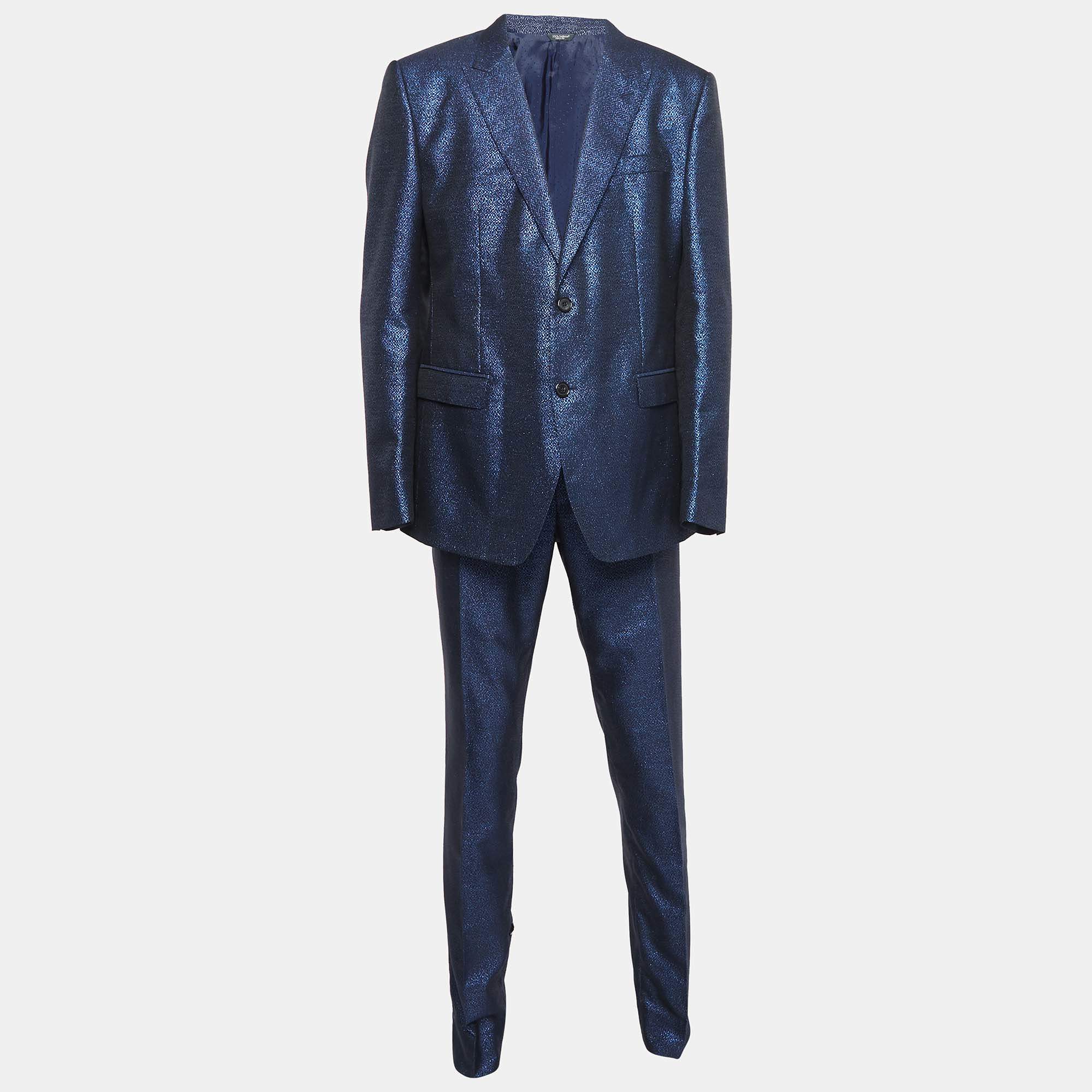 Pre Owned Dolce & Gabbana Blue Jacquard Single Breasted Pants Suit XXXL