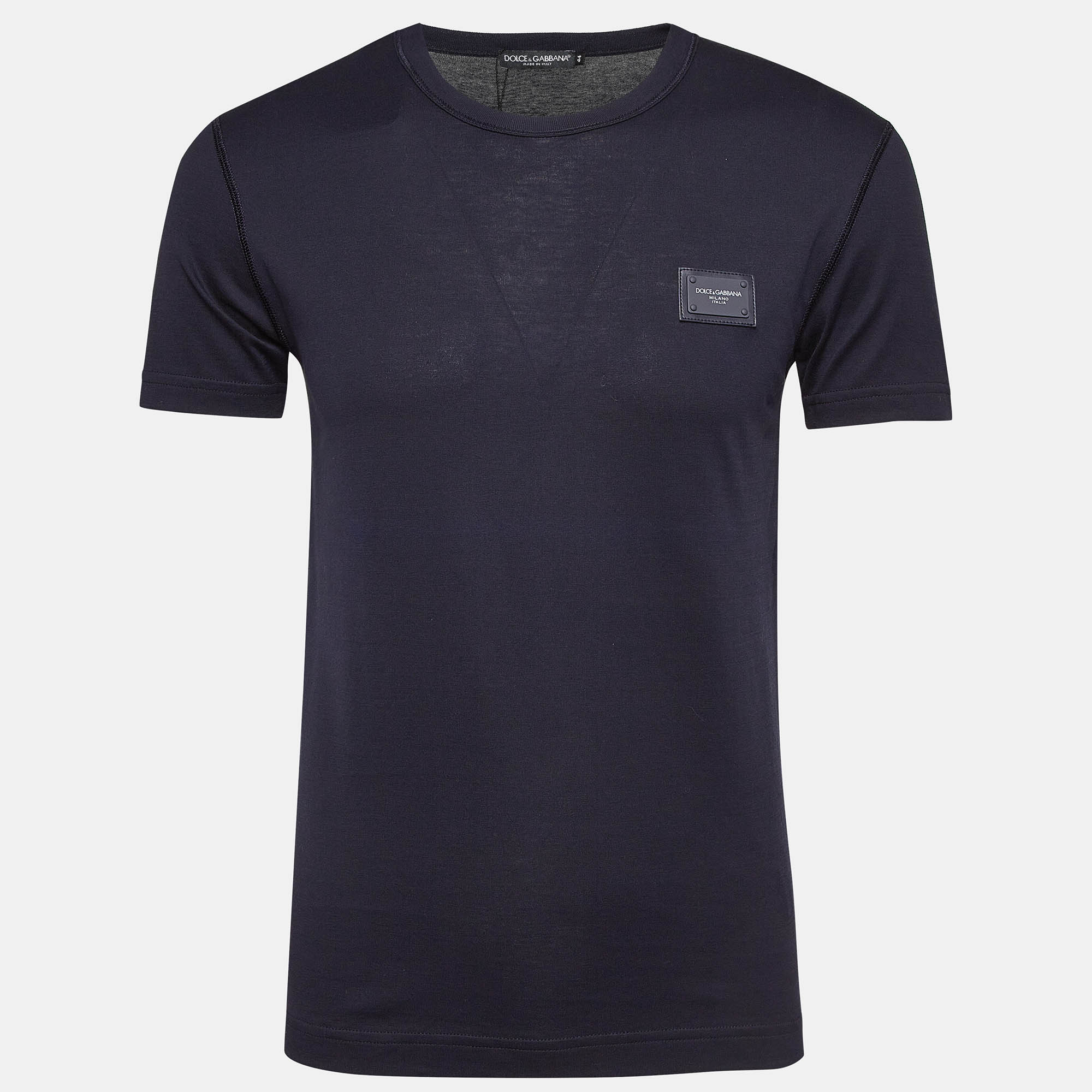 Pre Owned Dolce & Gabbana Navy Blue Metal Logo Applique Jersey T-Shirt XS
