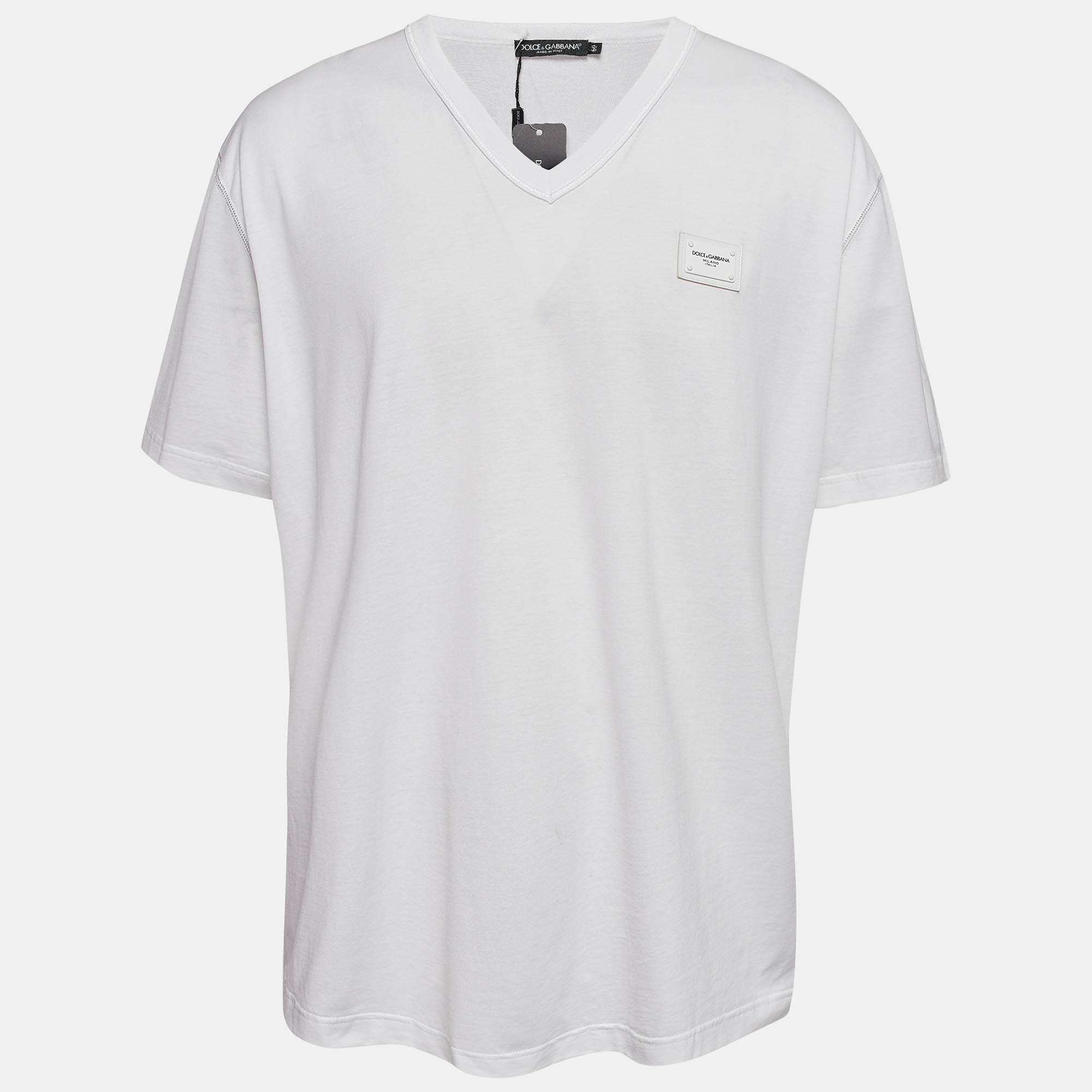 Pre Owned Dolce & Gabbana White Logo Applique Jersey V-Neck T-Shirt 5XL
